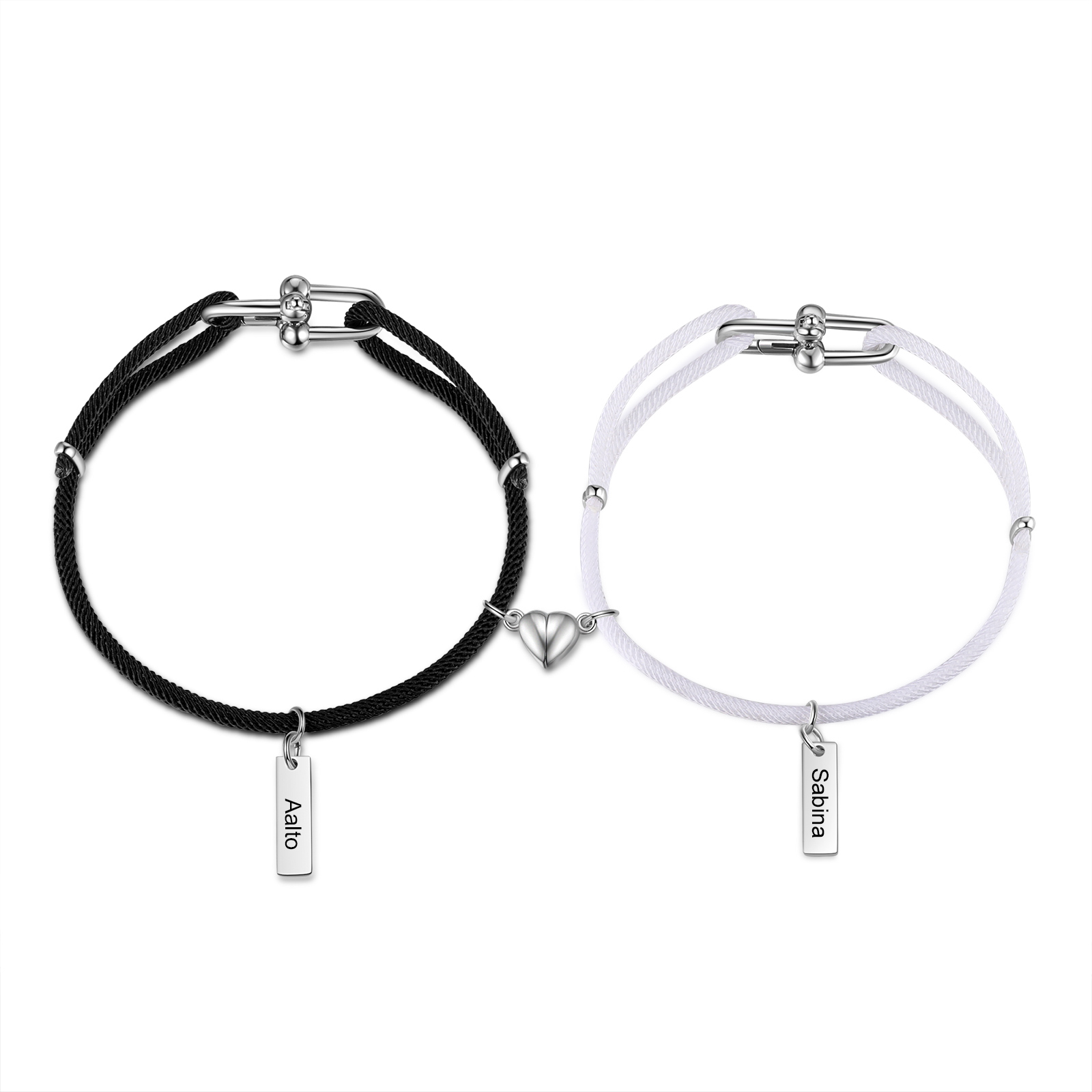 Personalisierte 2 Namen Paar Herz Magnet Weiß Handseil Armbänder
