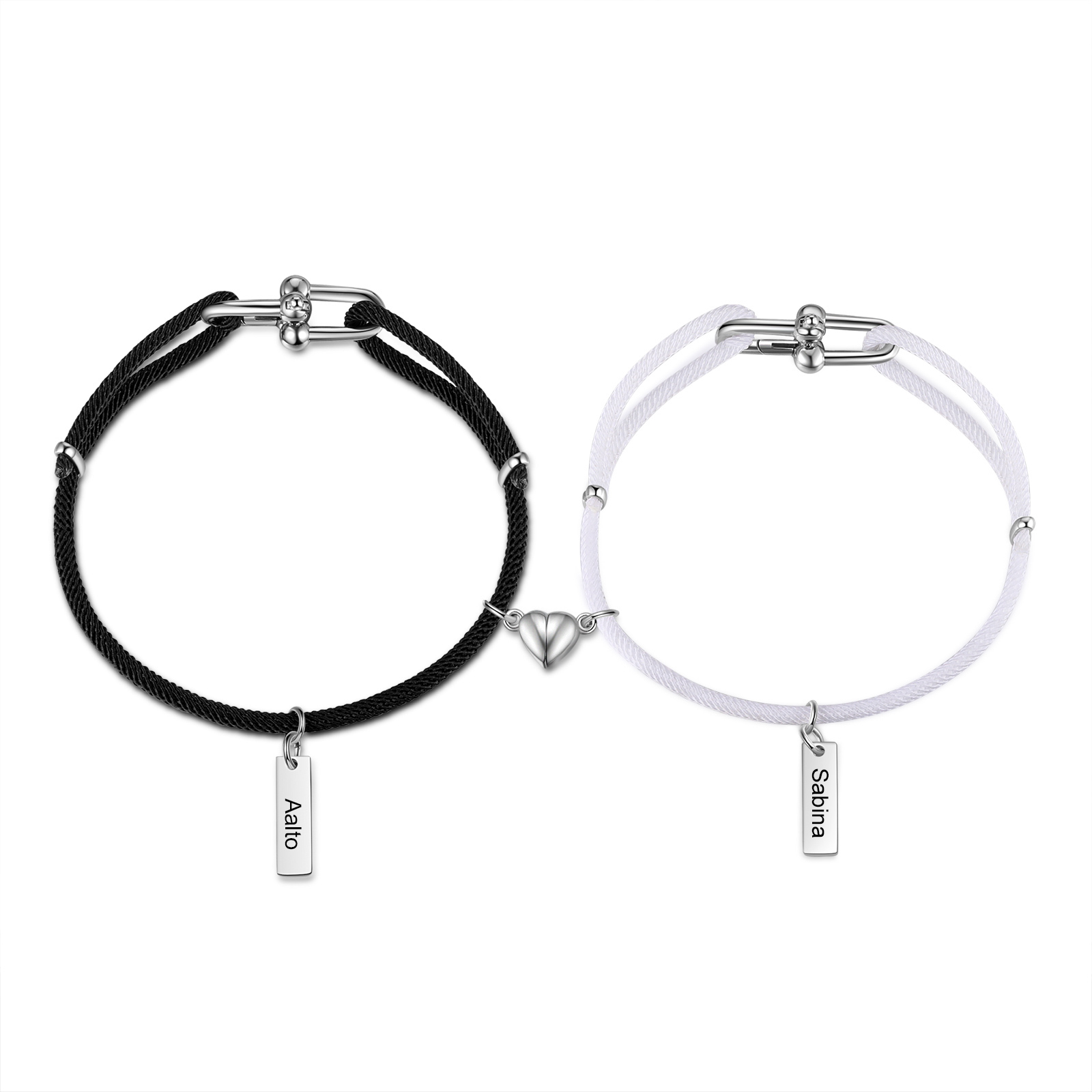Personalisierte 2 Namen Paar Herz Magnet Weiß Handseil Armbänder