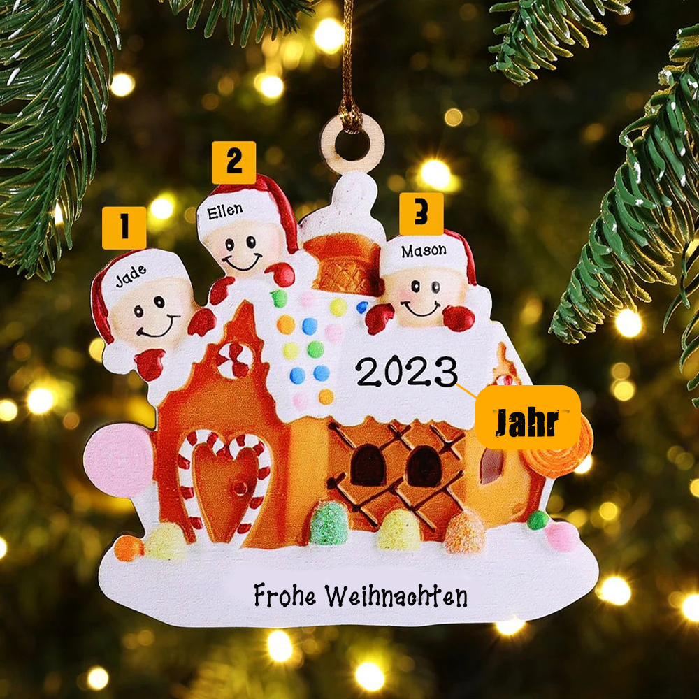 Holz Personalisiertes 3 Namen & Text & Jahr Weihnachtsornament Süßwarenhaus Anhänger mit 3 Kinder