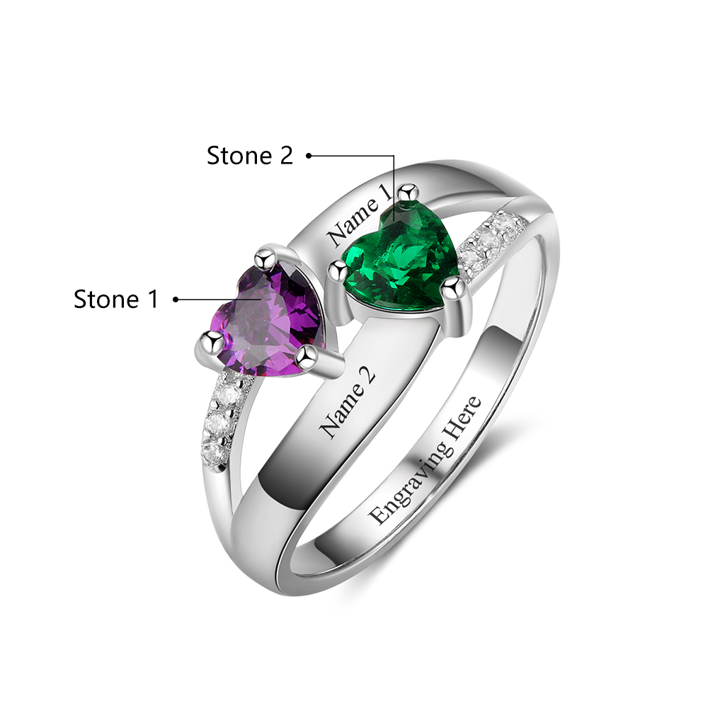 925 Sterling Silber Ring mit 2 Namen und 2 Geburtssteinen mit Gravuren