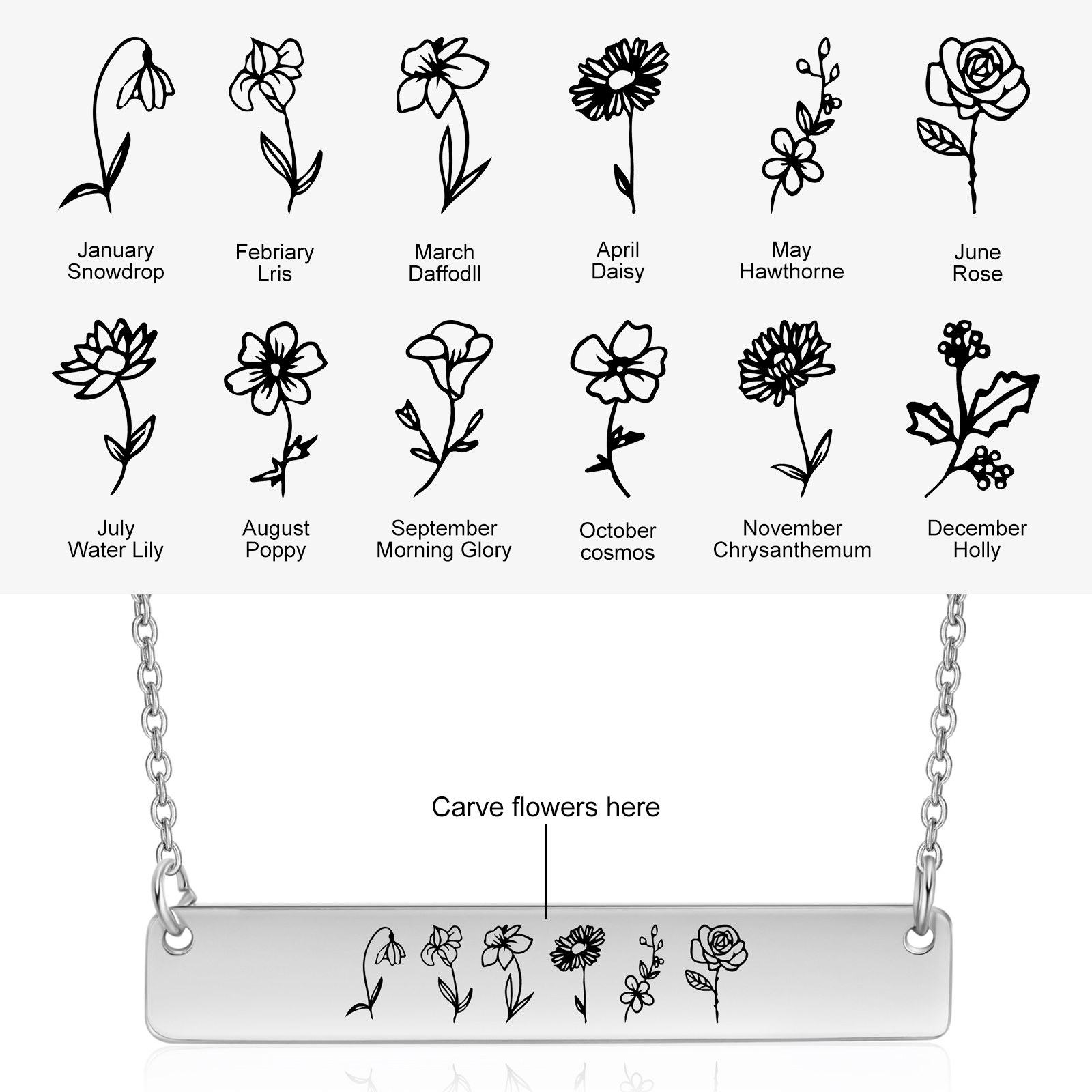 Wildblume Familie Bar Halskette 6 Blumen Personalisierte Garten Halskette