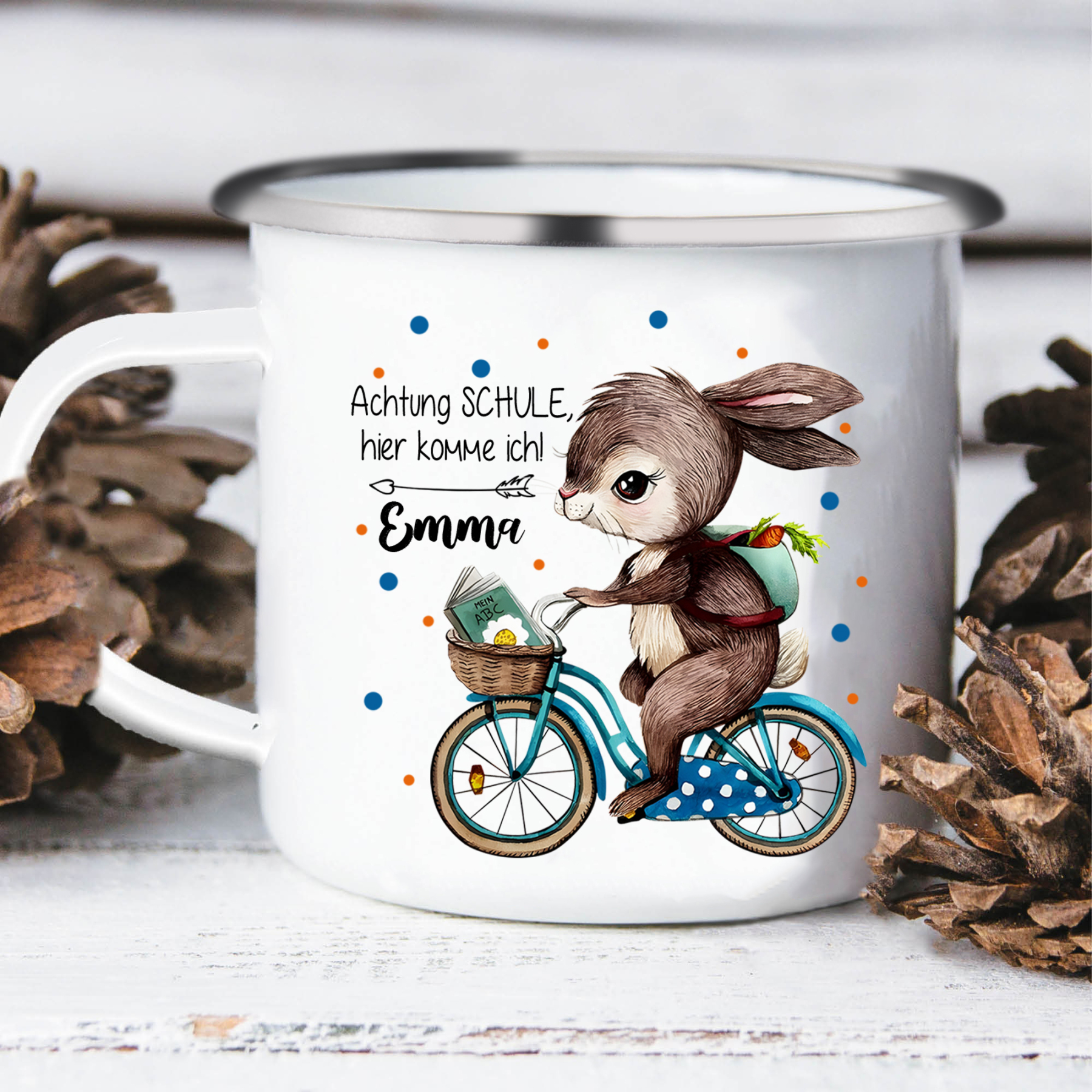 Emaille Tasse-Personalisierter Name Hase Emaille Becher Achtung Schule hier komme ich Schukind Geschenk zum Schulanfang