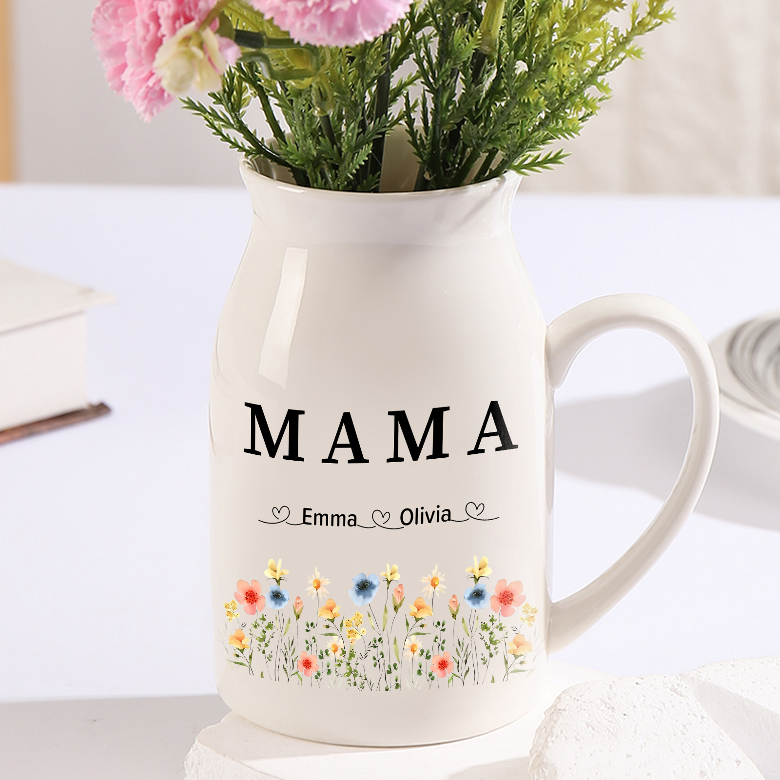 Personalisierte 2 Namen & Text Bunte Blumen Familie Vase