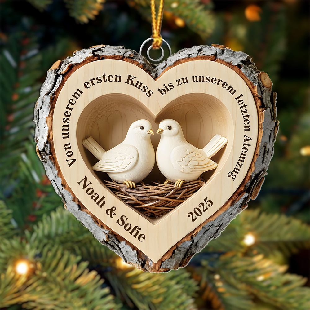 Personalisiert Rustikales Holz-Herz Weihnachtsanhänge mit Tauben und Vogelnester——“Von ersten Kuss bis latzten Atemzug”