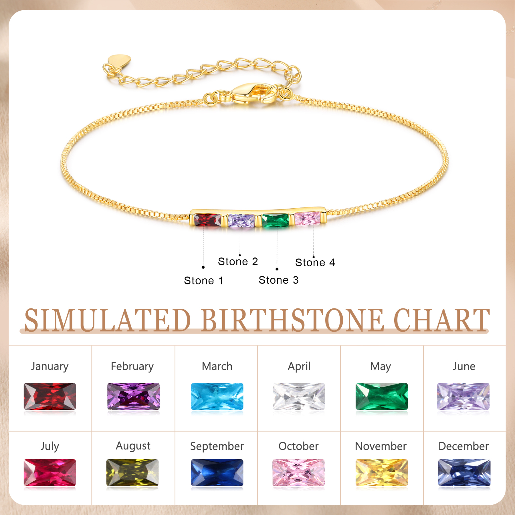Personalisierte 4 Rechteck Geburtssteine Golden Feines Armband