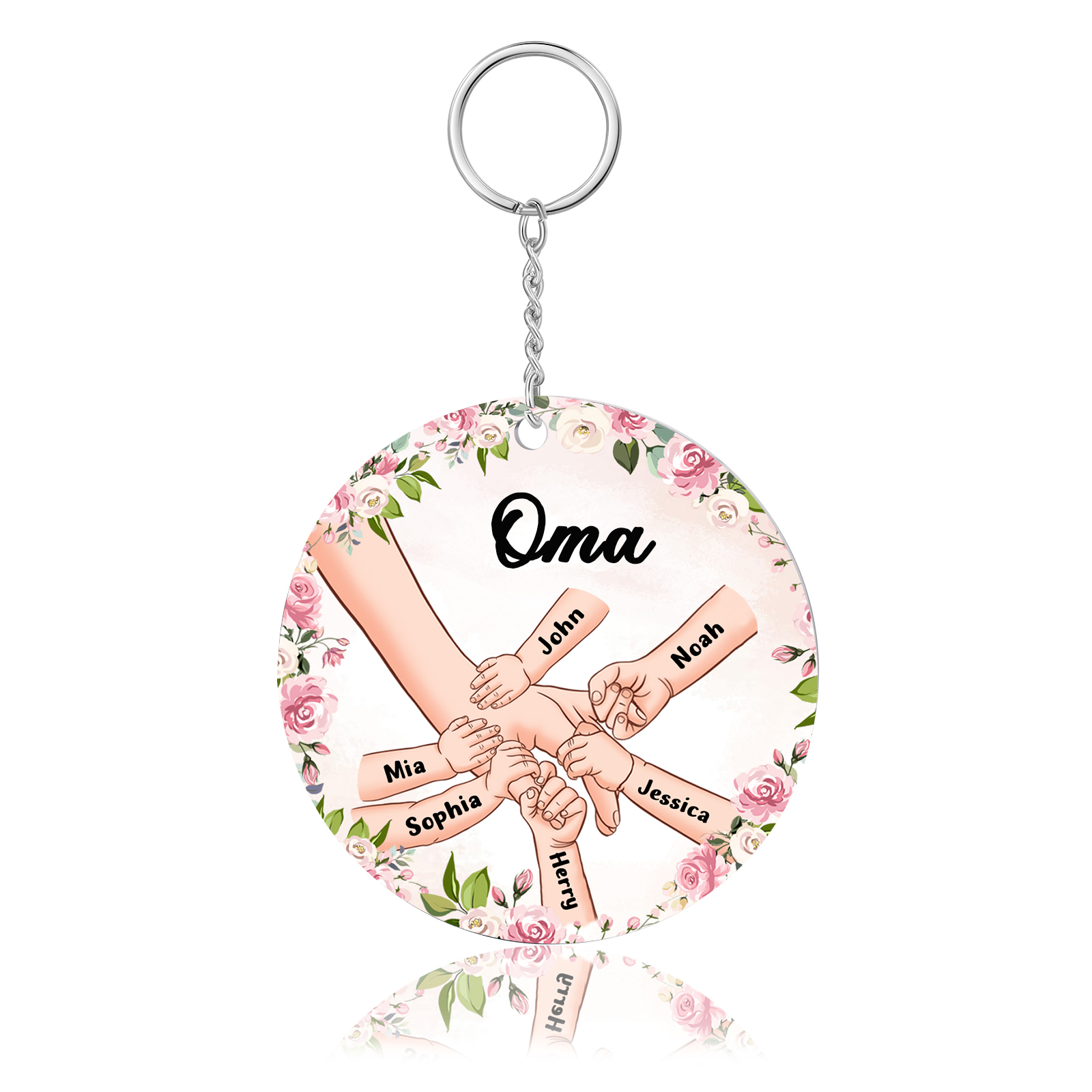 Personalisierte 6 Namen & Text Hand in Hand Rund Acryl Familie Schlüsselanhänger