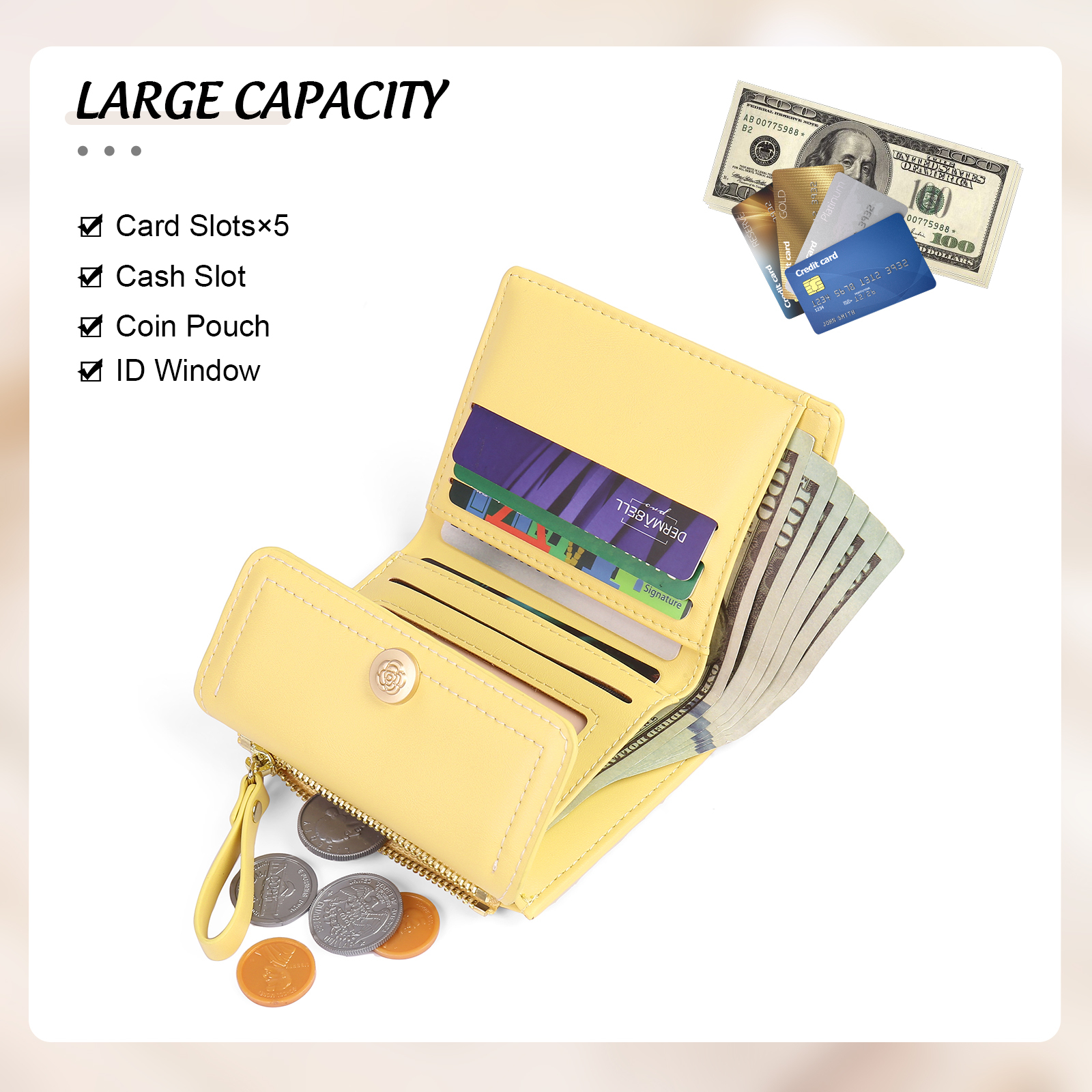 Damen Personalisierter Text & Foto PU Leder Klapp-Portemonnaie Geldbörse mit Reißverschluss