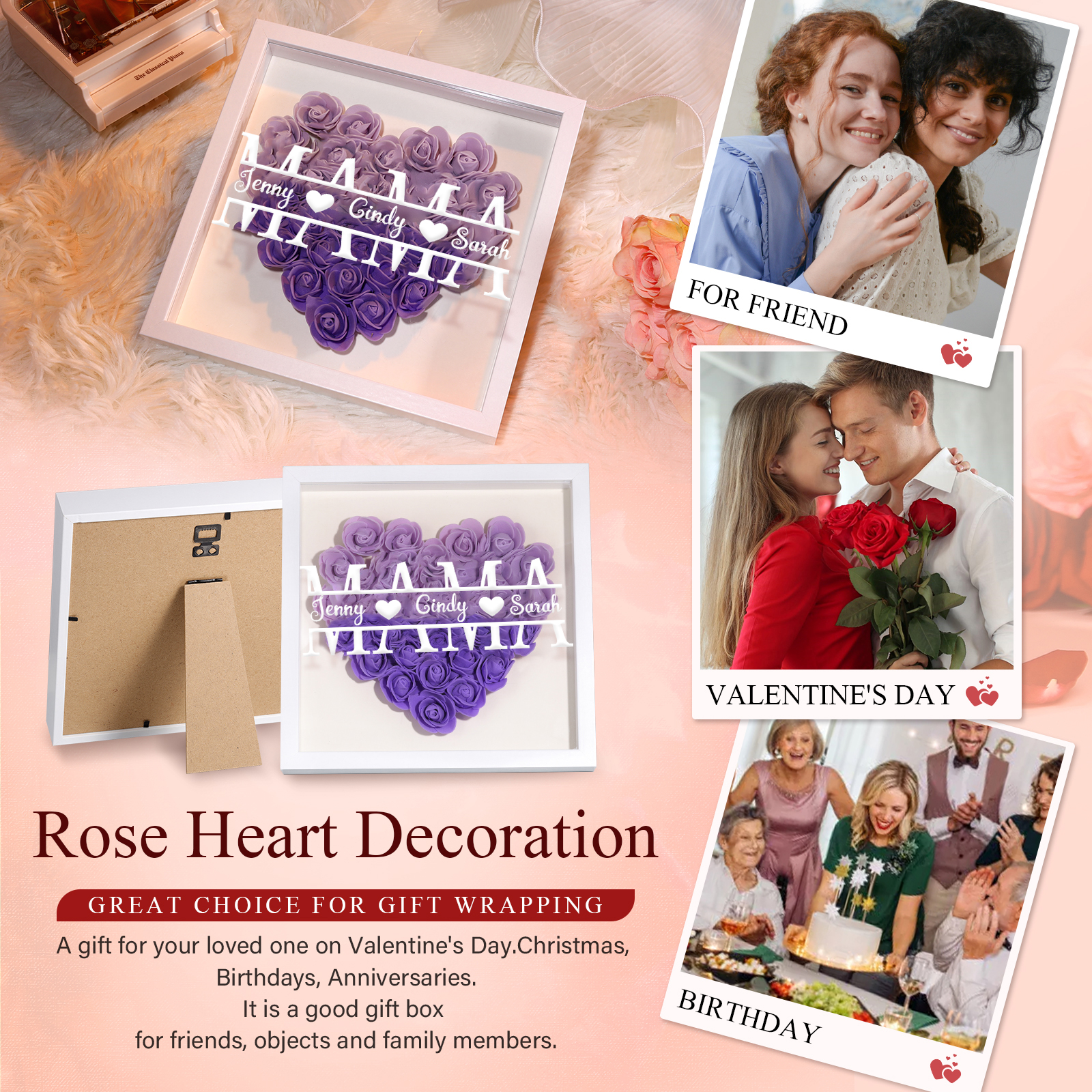 Mama Dichteplattenrahmen Deko-Personalisierbare 2 Namen Blume Ornament für Mutter