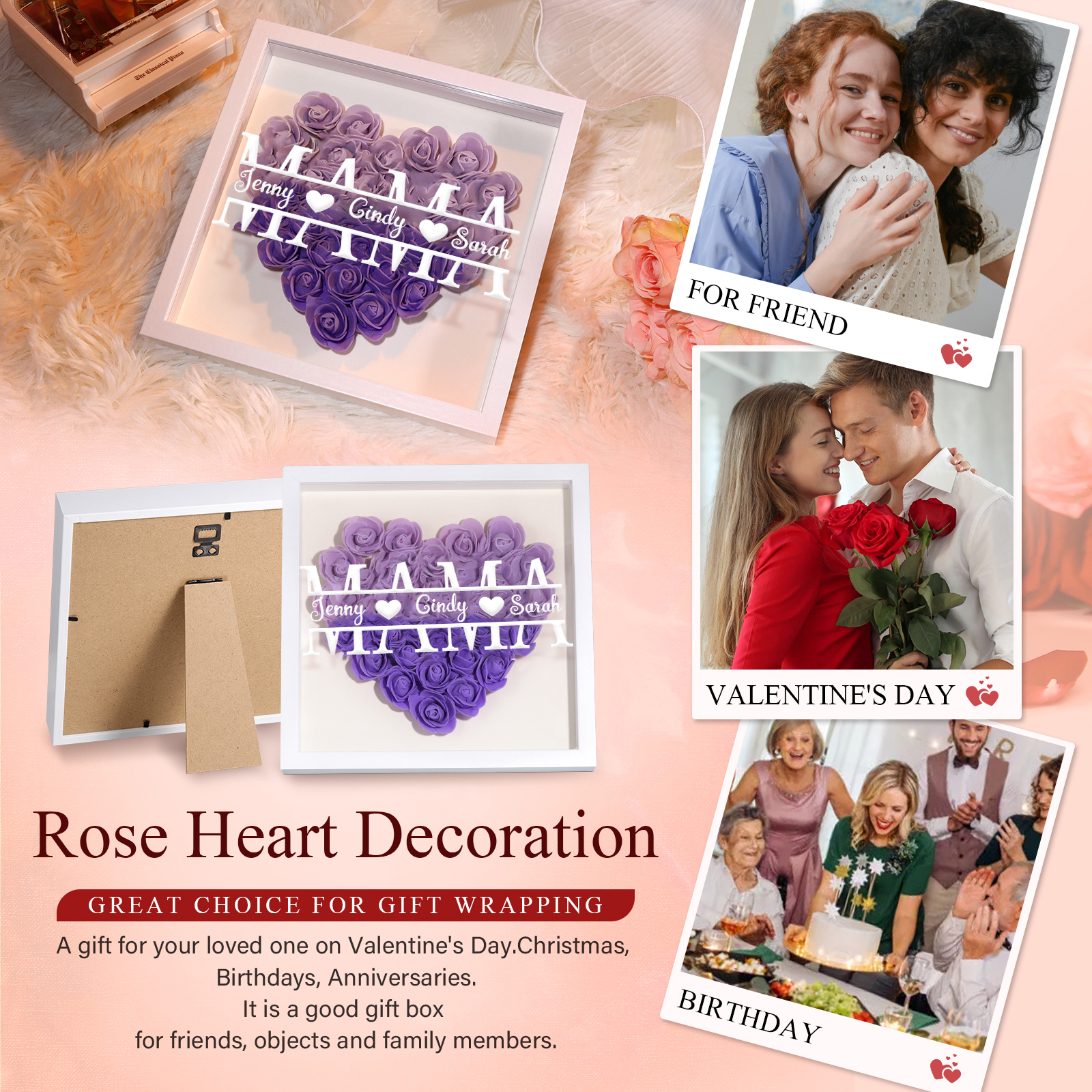 Mama Dichteplattenrahmen Deko-Personalisierbare 2 Namen Blume Ornament für Mutter