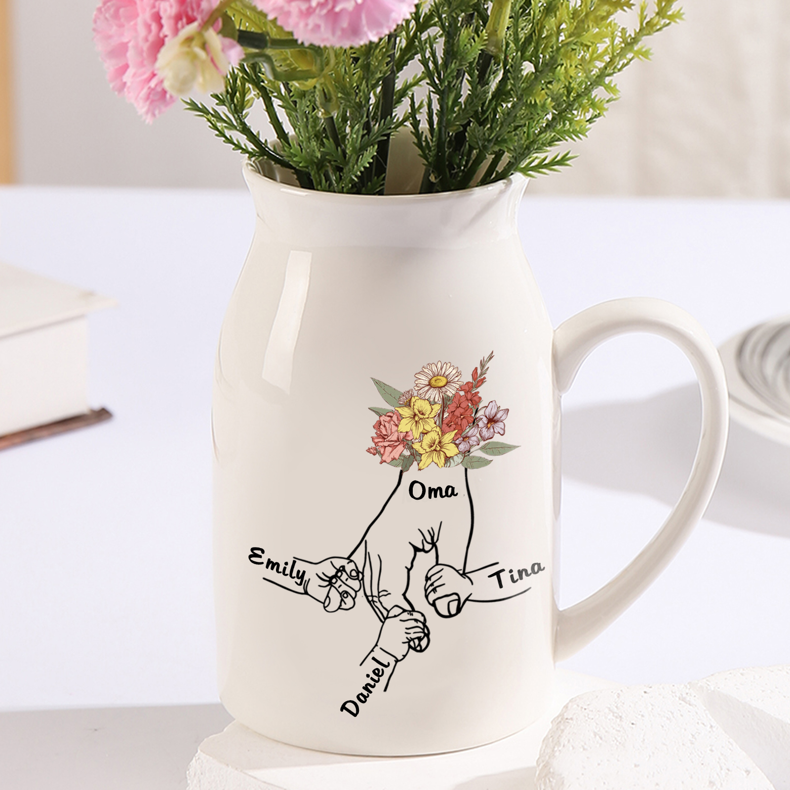 Personalisierte 3 Namen & Text Bunte Blumen Hand in Hand Familie Vase