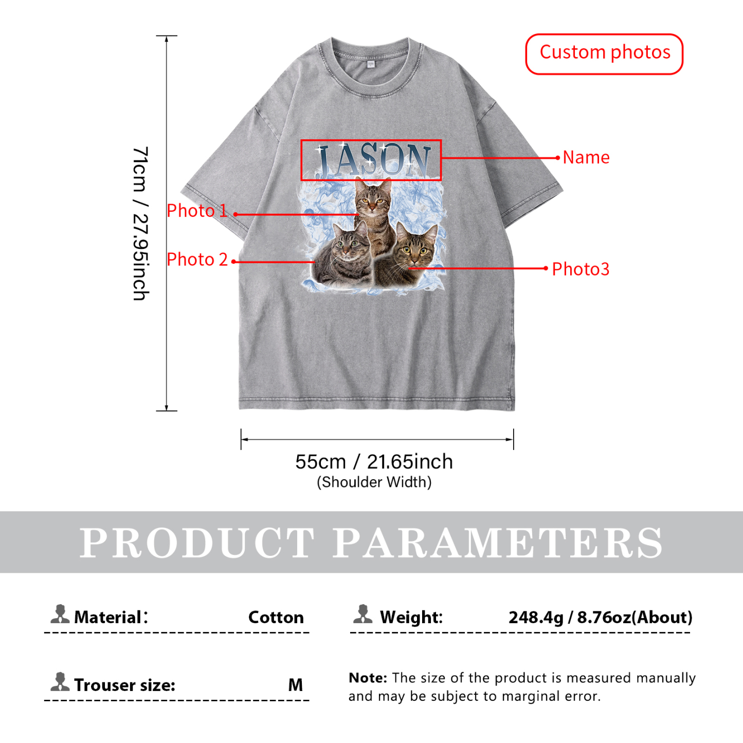 Personalisierte 3 Namen & 3 Fotos Haustier Herren Kurzarm T-Shirt