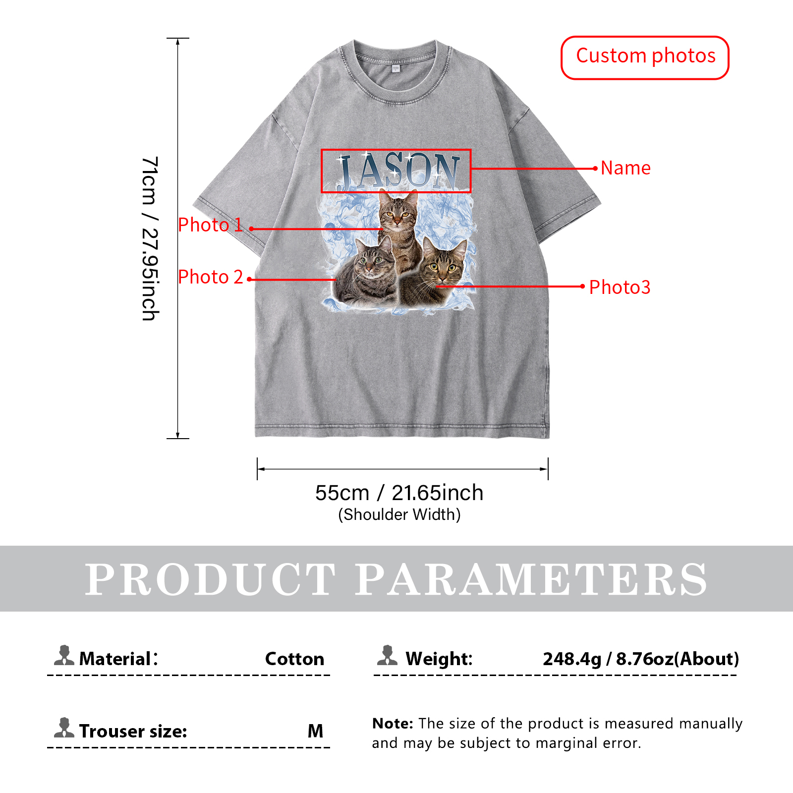 Personalisierte 3 Namen & 3 Fotos Haustier Herren Kurzarm T-Shirt