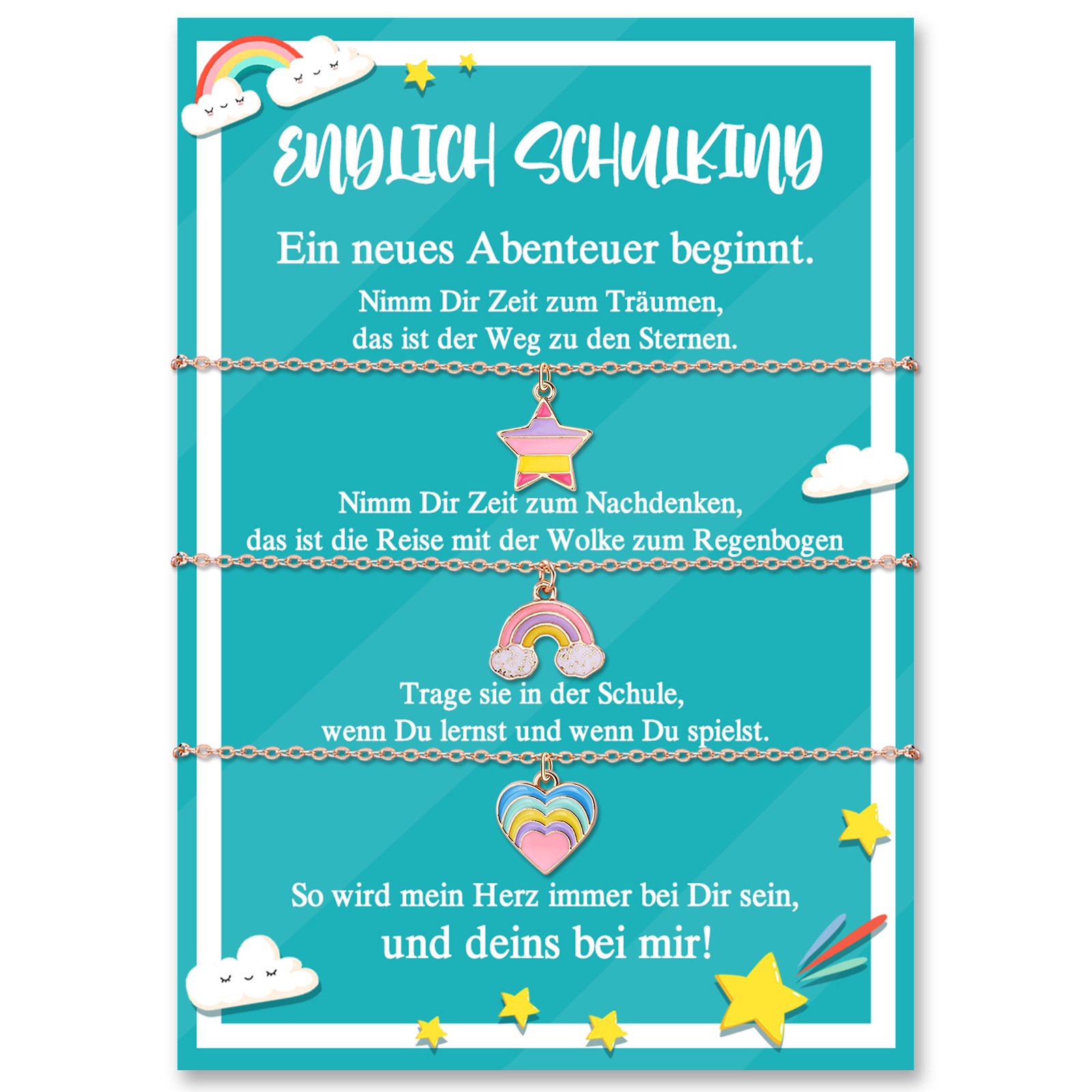 Stern & Regenbogen & Herz Halsketten Set mit 3 Ketten-Endlich Schulkind-Schulanfang Geschenk mit Nachrichtenkarte