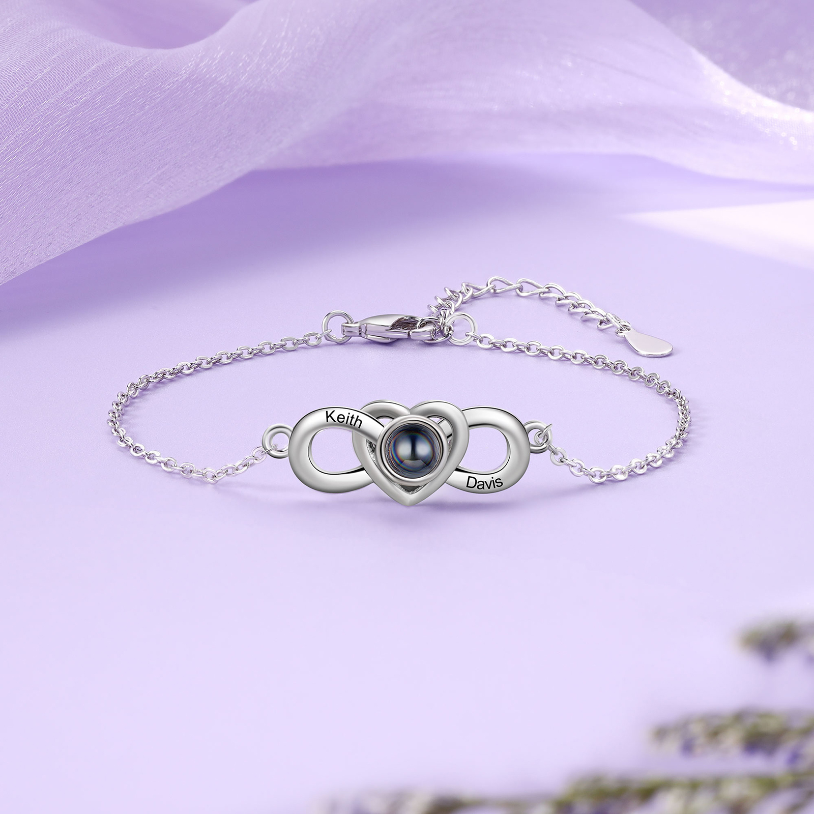 Personalisiertes Foto & 2 Namen Projektion Infinity Herz Armband