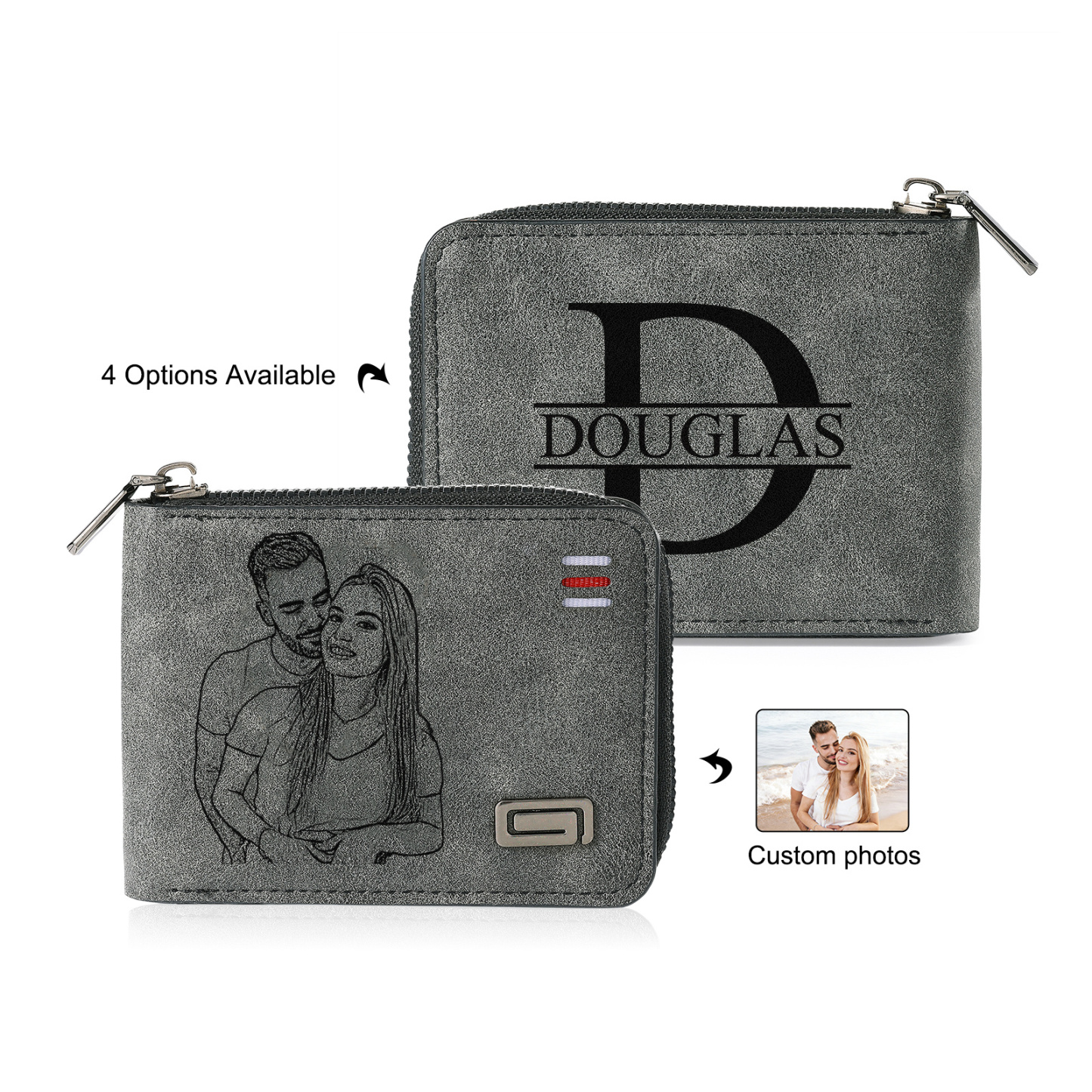 Personalisierte Herren-Geldbörse mit Reißverschluss – individuell mit 1 Foto oder 1 Buchstaben, 1 Namen oder Kalender – Vatertags- oder Geburtstagsgeschenk für Papa, Freund, Ehemann, Opa | Kettenmachen