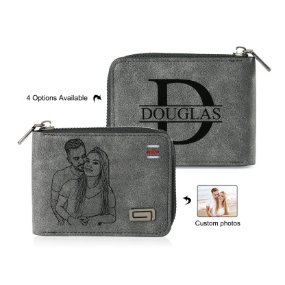 Personalisierte Herren-Geldbörse mit Reißverschluss – individuell mit 1 Foto oder 1 Buchstaben, 1 Namen oder Kalender – Vatertags- oder Geburtstagsgeschenk für Papa, Freund, Ehemann, Opa | Kettenmachen