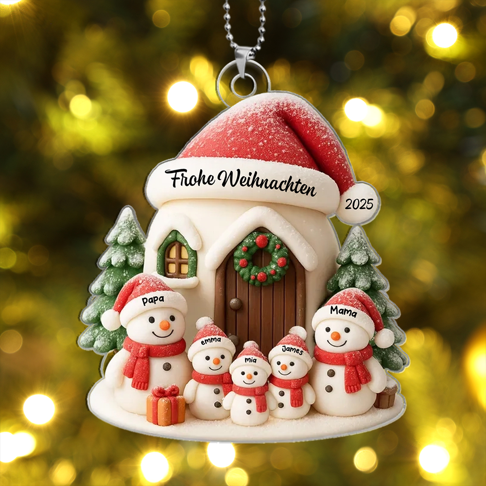 Personalisierter Christbaumschmuck mit Schneemannfamilie im Häuschen