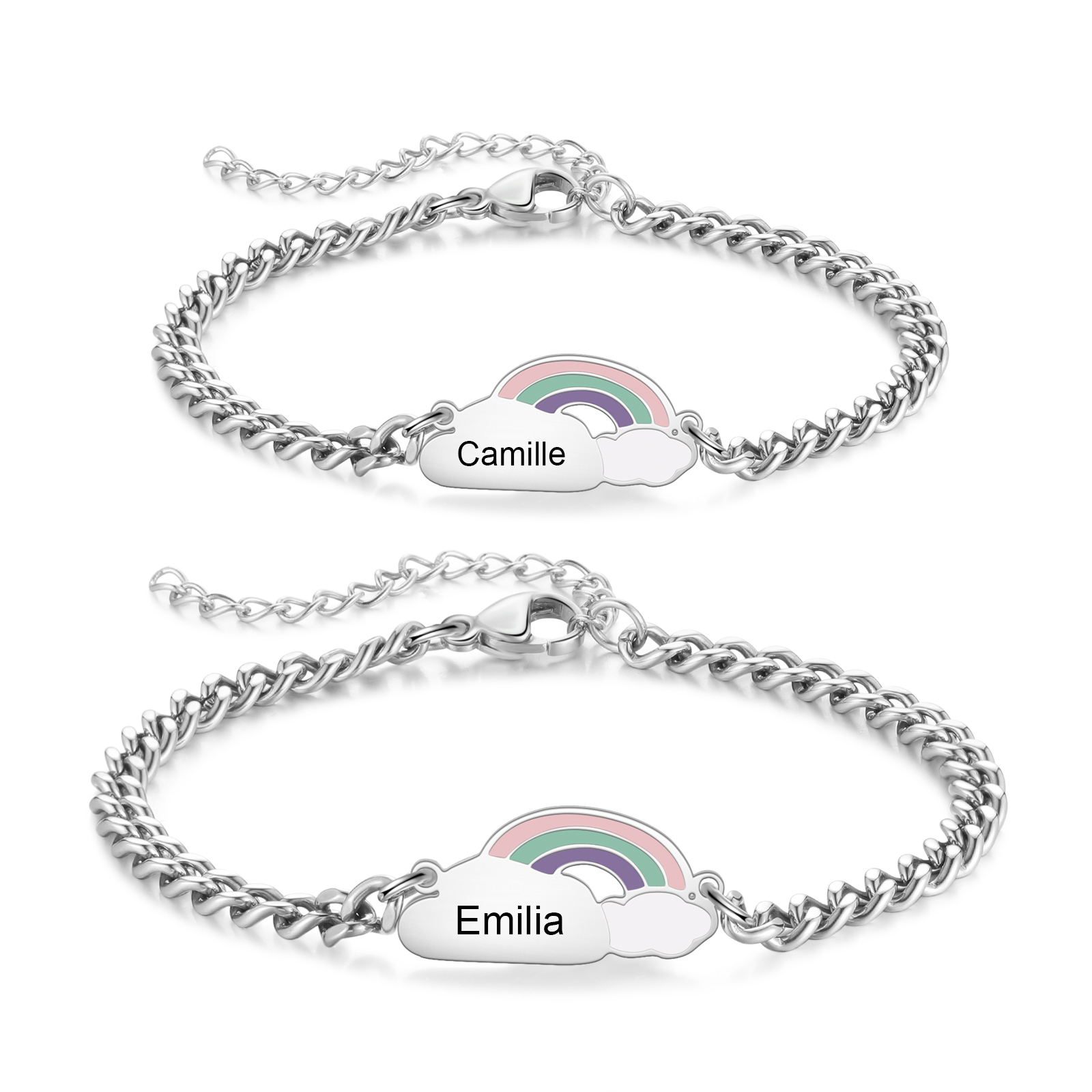Personalisiertes Mama-Tochter-Armband mit Regenbogen-Wolkenanhänger – individuell graviertes Namensarmband