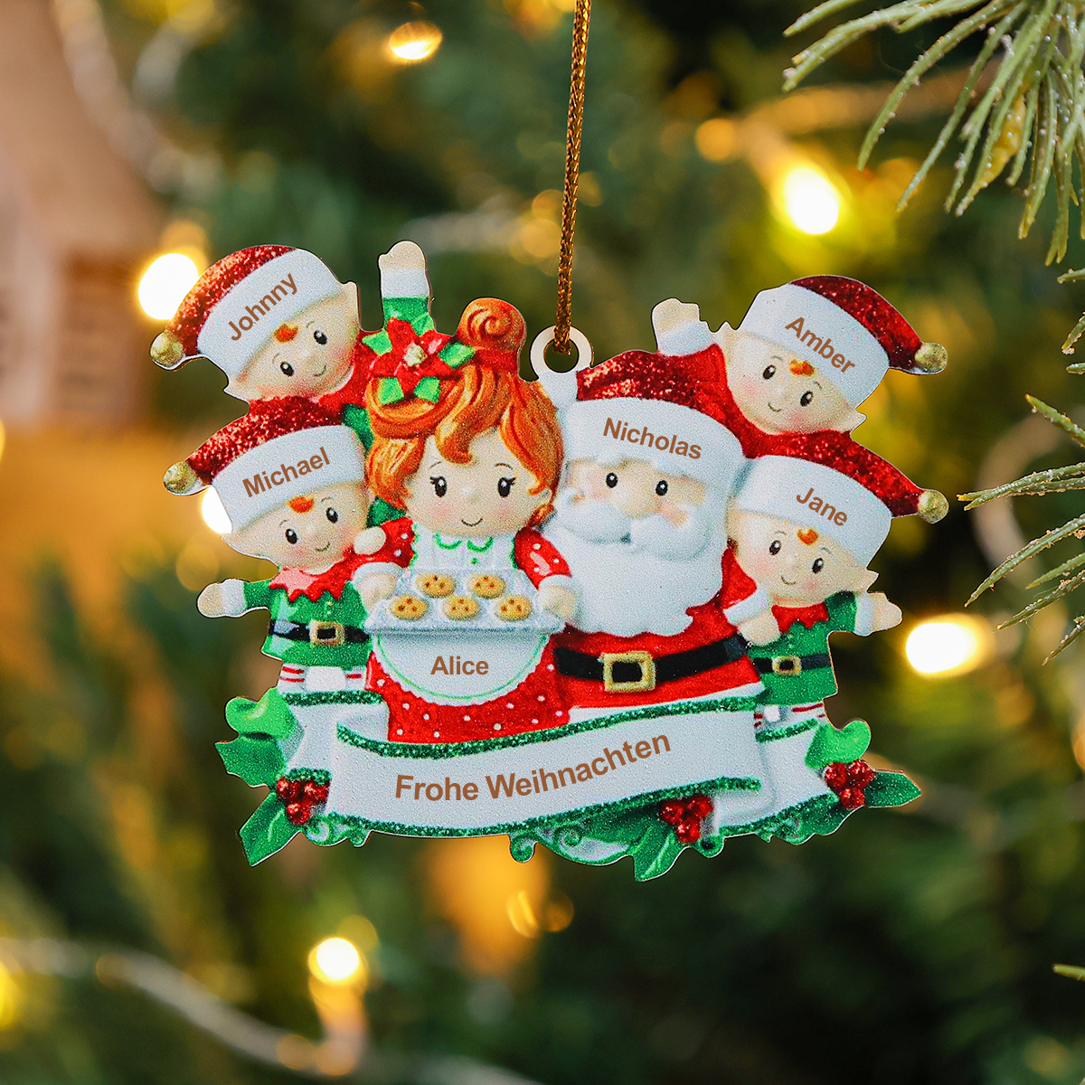 Holz Personalisierte 6 Namen & Text Kekse Weihnachtsornament mit 6 Familienmitgliedern 