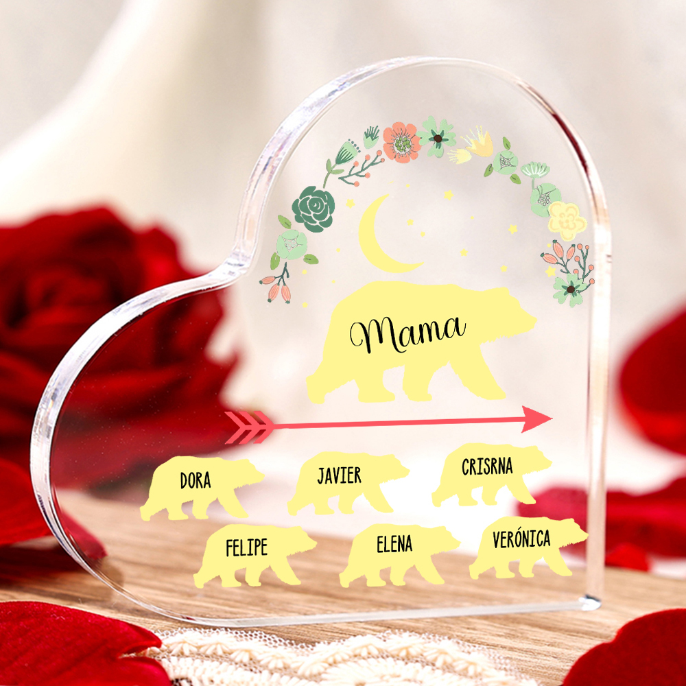 Personalisierte 6 Namen Herz Acryl-Deko Mama Bär Schreibtischdekoration für Mutter