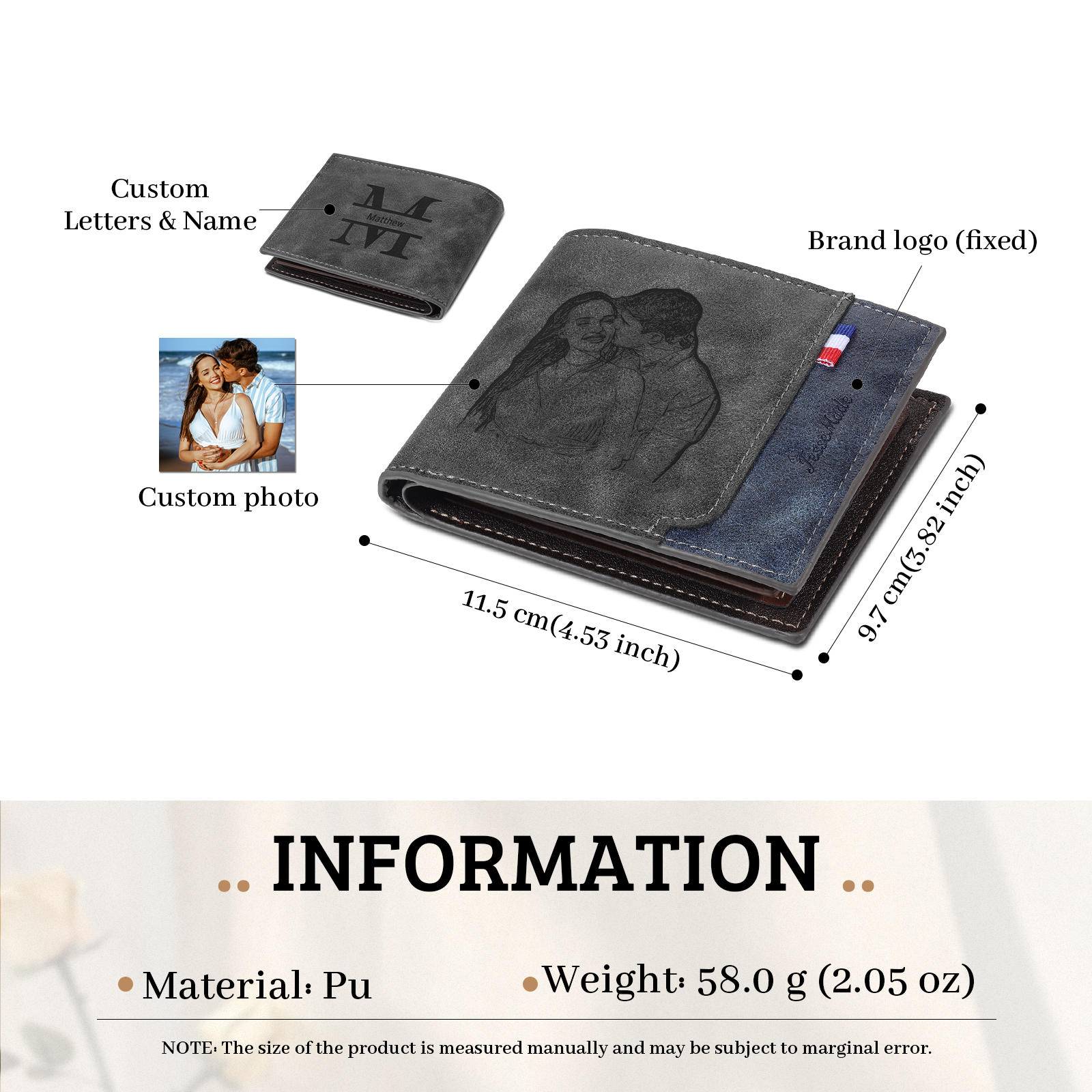 Personalisierte Foto & Name & 1 Buchstabe PU Leder Geldbörse