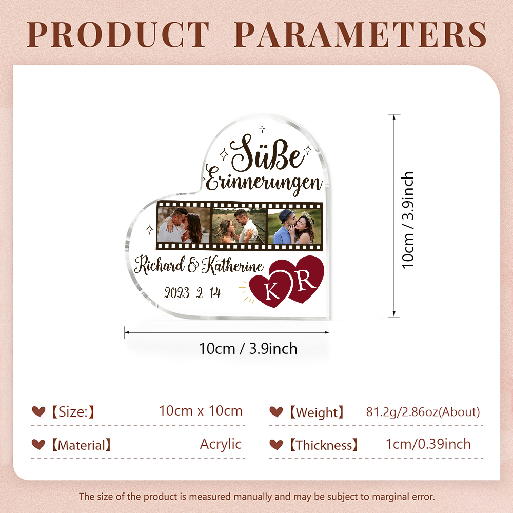 Personalisierte 3 Fotos & 2 Namen & 2 Buchstaben & Datum Acryl-Deko-Süße Erinnerungen-Schreibtischdekoration für Paar