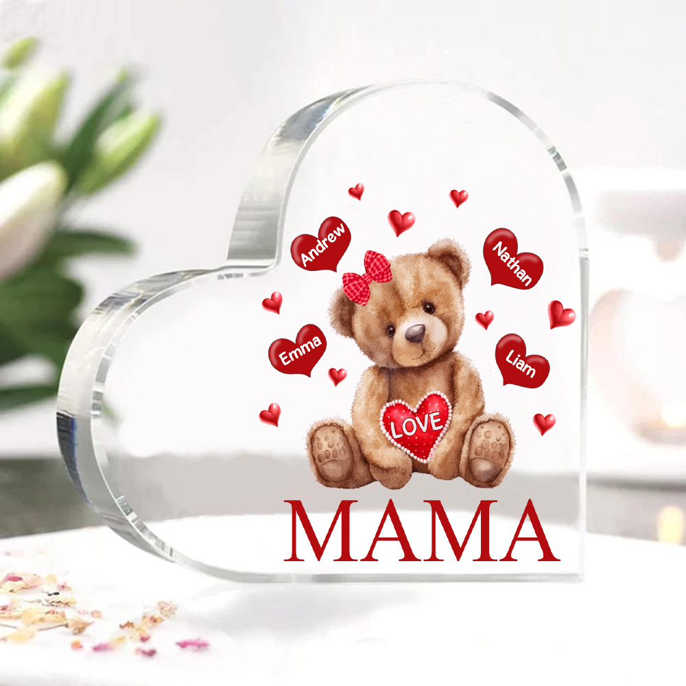 Personalisierte 4 Namen & Text Teddybär Herz Familie Acryl-Deko Schreibtischdekoration für Mutter