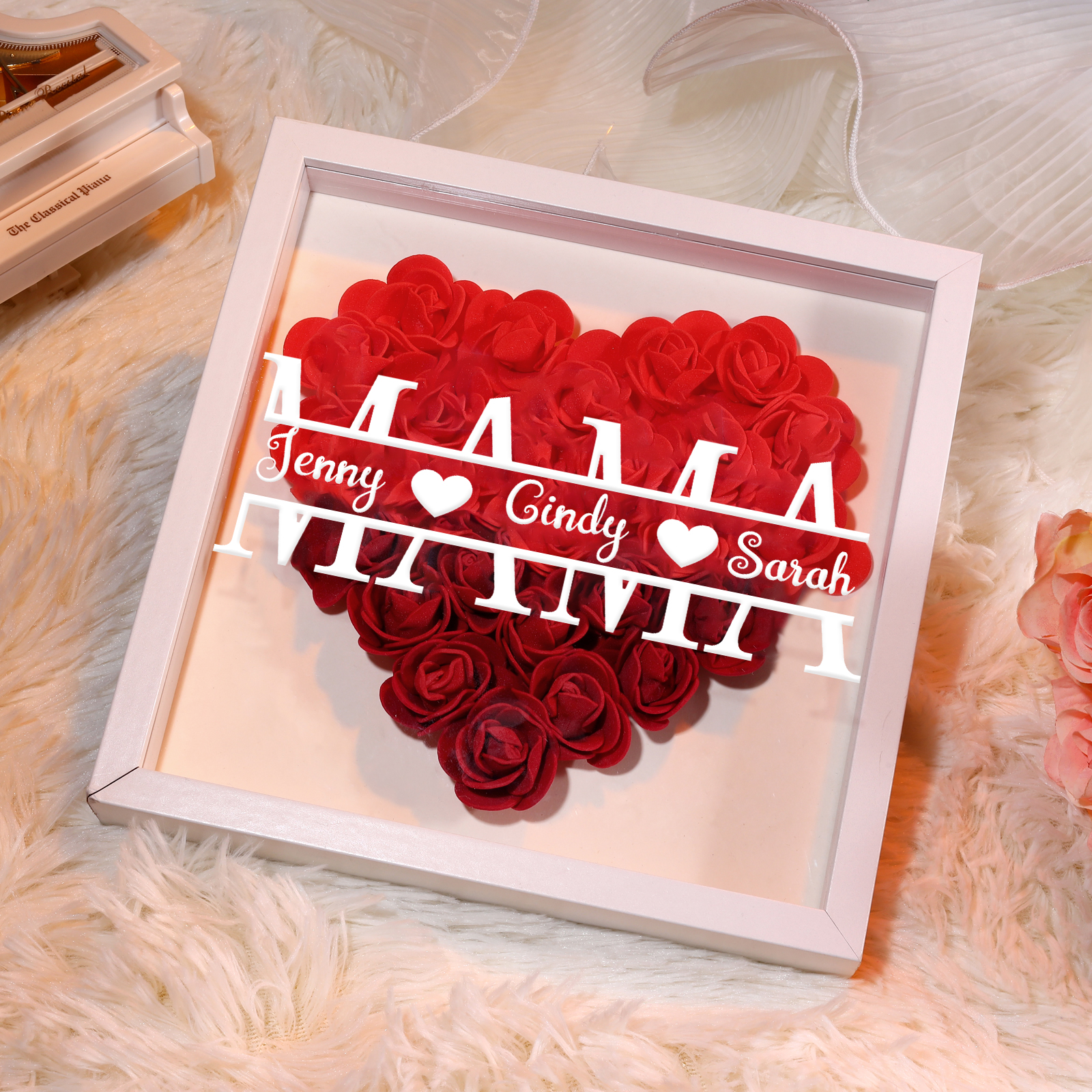 Mama Dichteplattenrahmen Deko-Personalisierbare 2 Namen Blume Ornament für Mutter