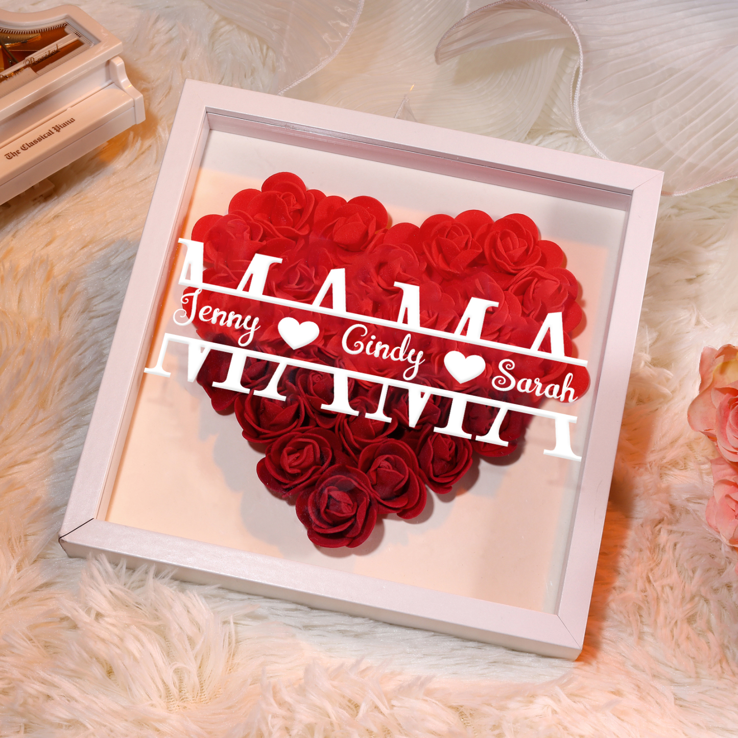 Mama Dichteplattenrahmen Deko-Personalisierbare 2 Namen Blume Ornament für Mutter