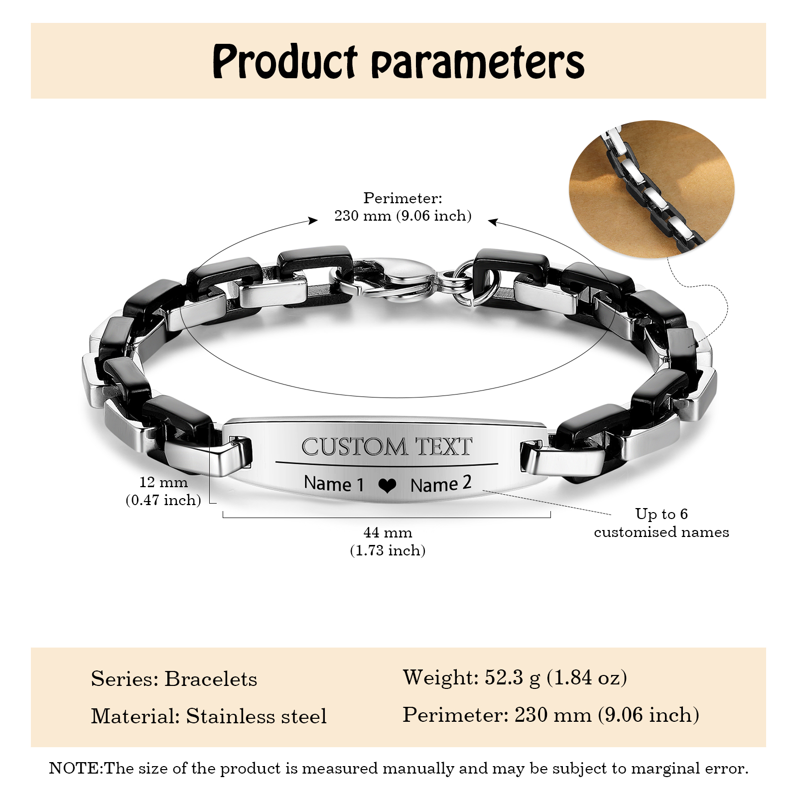 Herren Armband-Personalisiertes 2 Namen & Text Edelstahl Armband 
