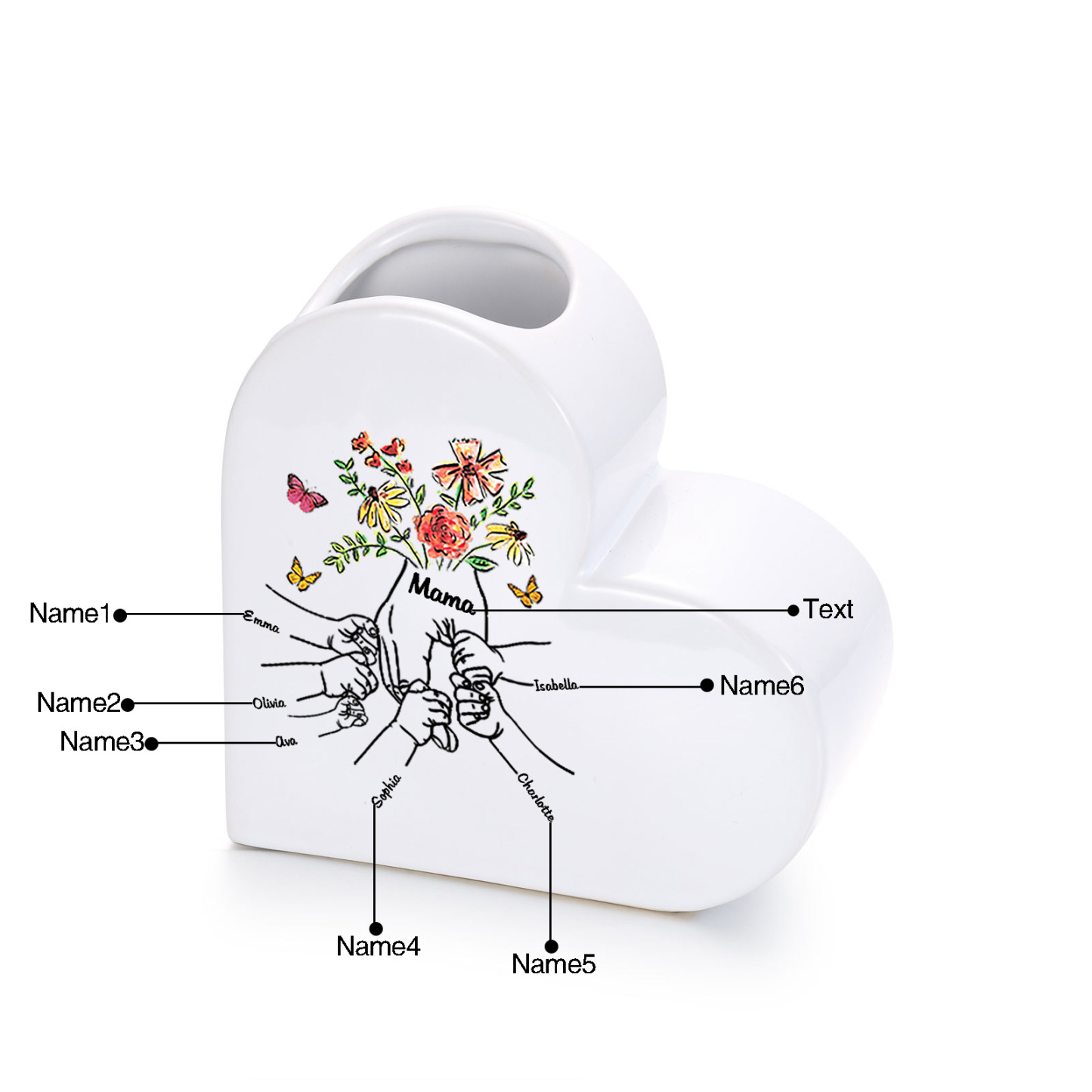 Personalisierte Herzvase aus Keramik mit Wunschtext und 2–8 Kindernamen