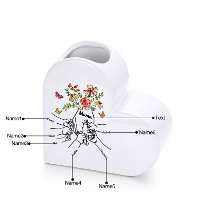 Personalisierte Herzvase aus Keramik mit Wunschtext und 2–8 Kindernamen
