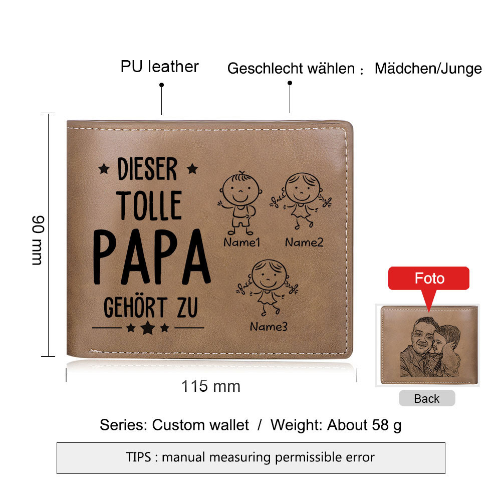 Personalisierte 3 Namen & Foto-Dieser tolle Papa gehört PU Leder Kurze Geldbörse für Vater