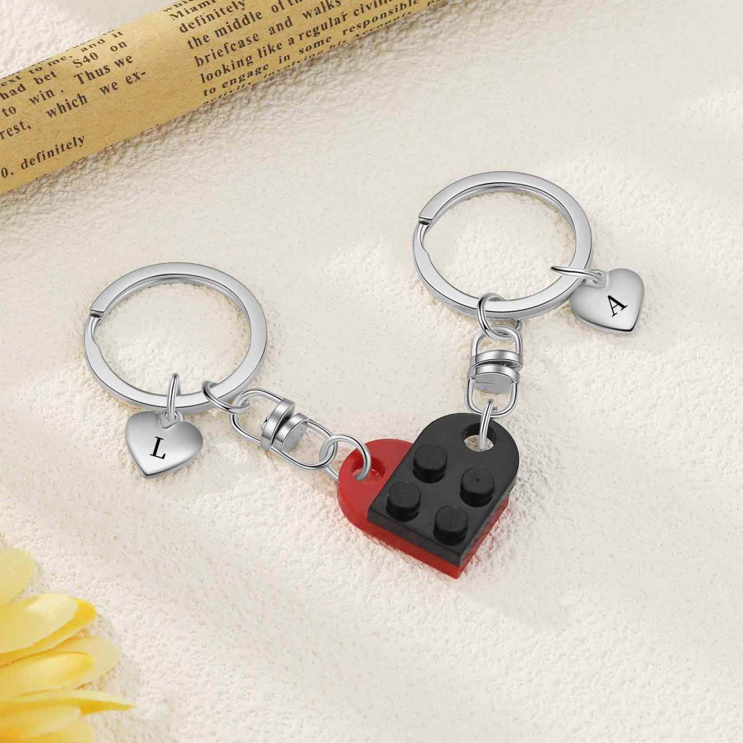 Personalisierbare 2 Buchstaben Herz Bausteine Paar Metall-Schlüsselanhänger