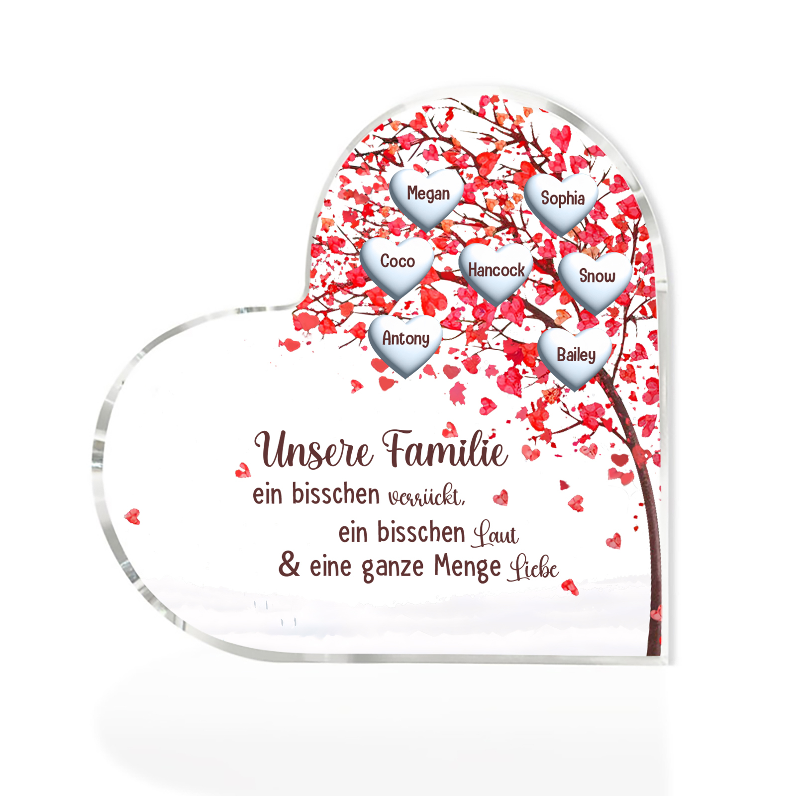Personalisierte 7 Namen Herz Familienbaum Acryl-Deko– Liebevolle Schreibtischdekoration für Familie