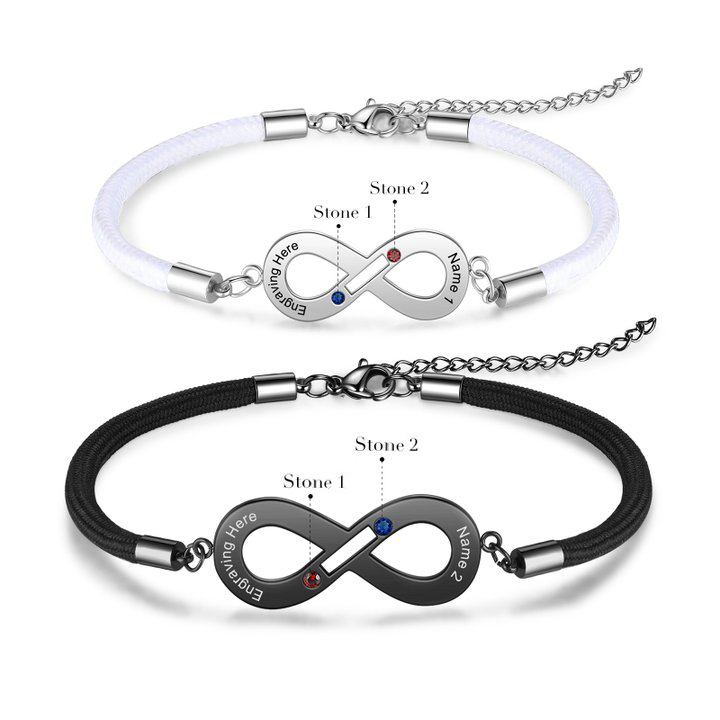 Paar Infinity Armband mit Name, Text und Geburtsstein Graviert, Valentinstag Geschenk Endlosarmband