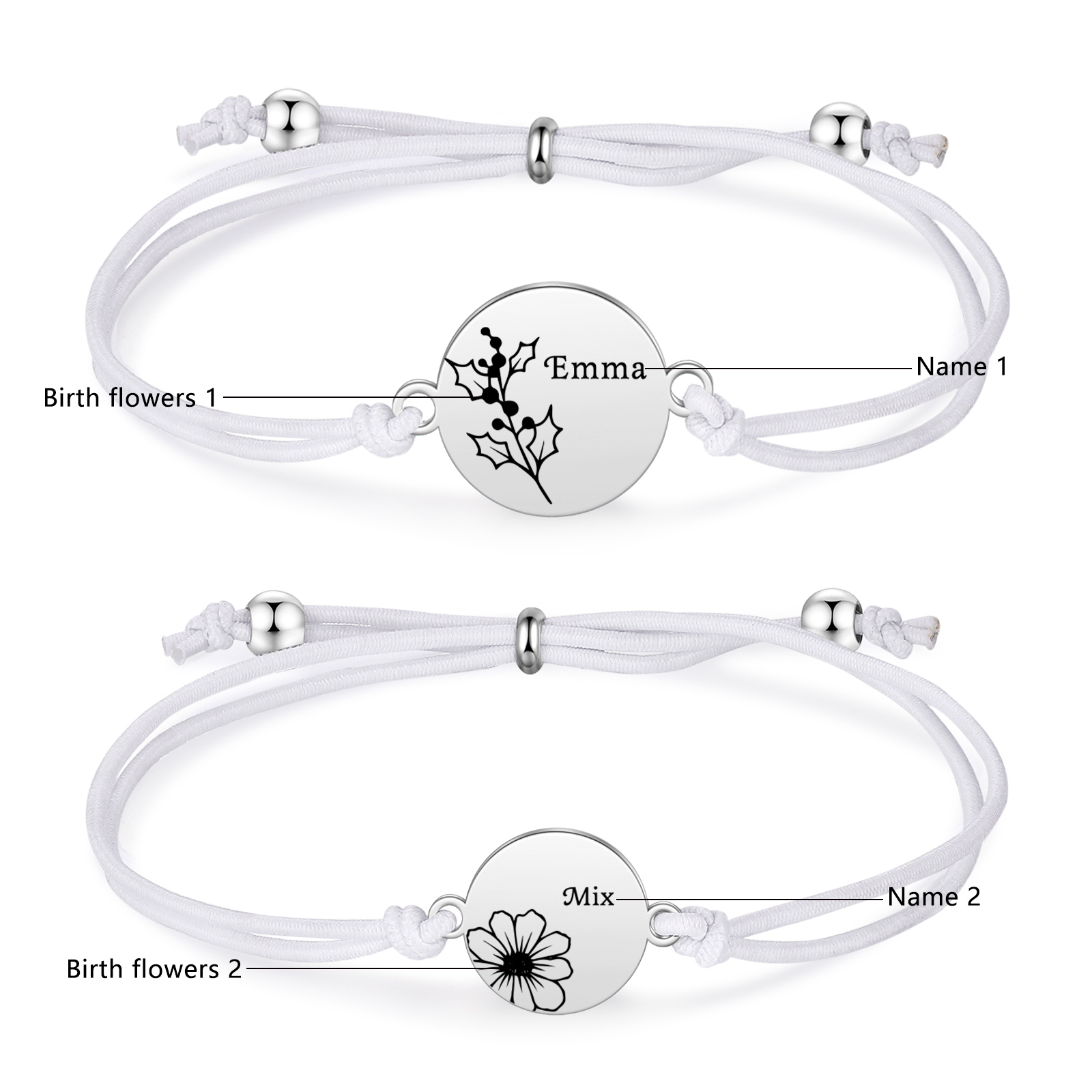 Personalisierte 2 Namen & Geburtsblumen Armbänder Set mit 2 Ketten Gummiband - Schulanfang Geschenk