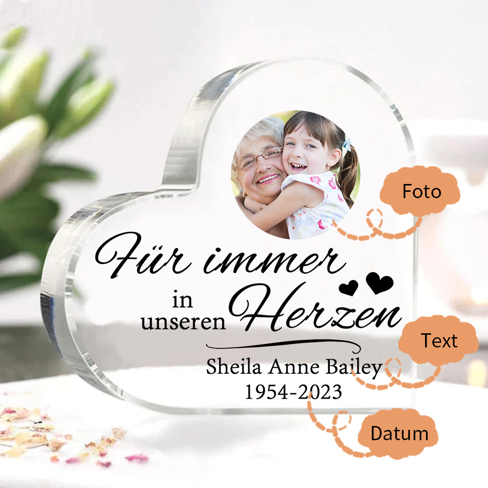 Personalisierter Text & Foto Acryl-Deko-Für immer in unseren Herzen-Trauer Schreibtischdekoration