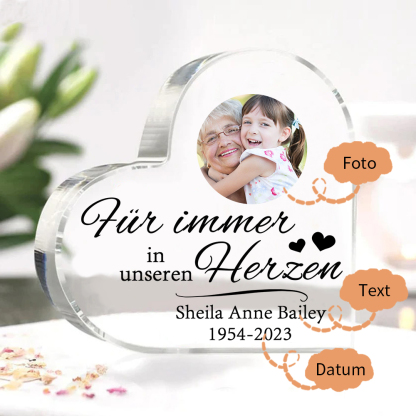 Personalisierter Text & Foto Acryl-Deko-Für immer in unseren Herzen-Trauer Schreibtischdekoration