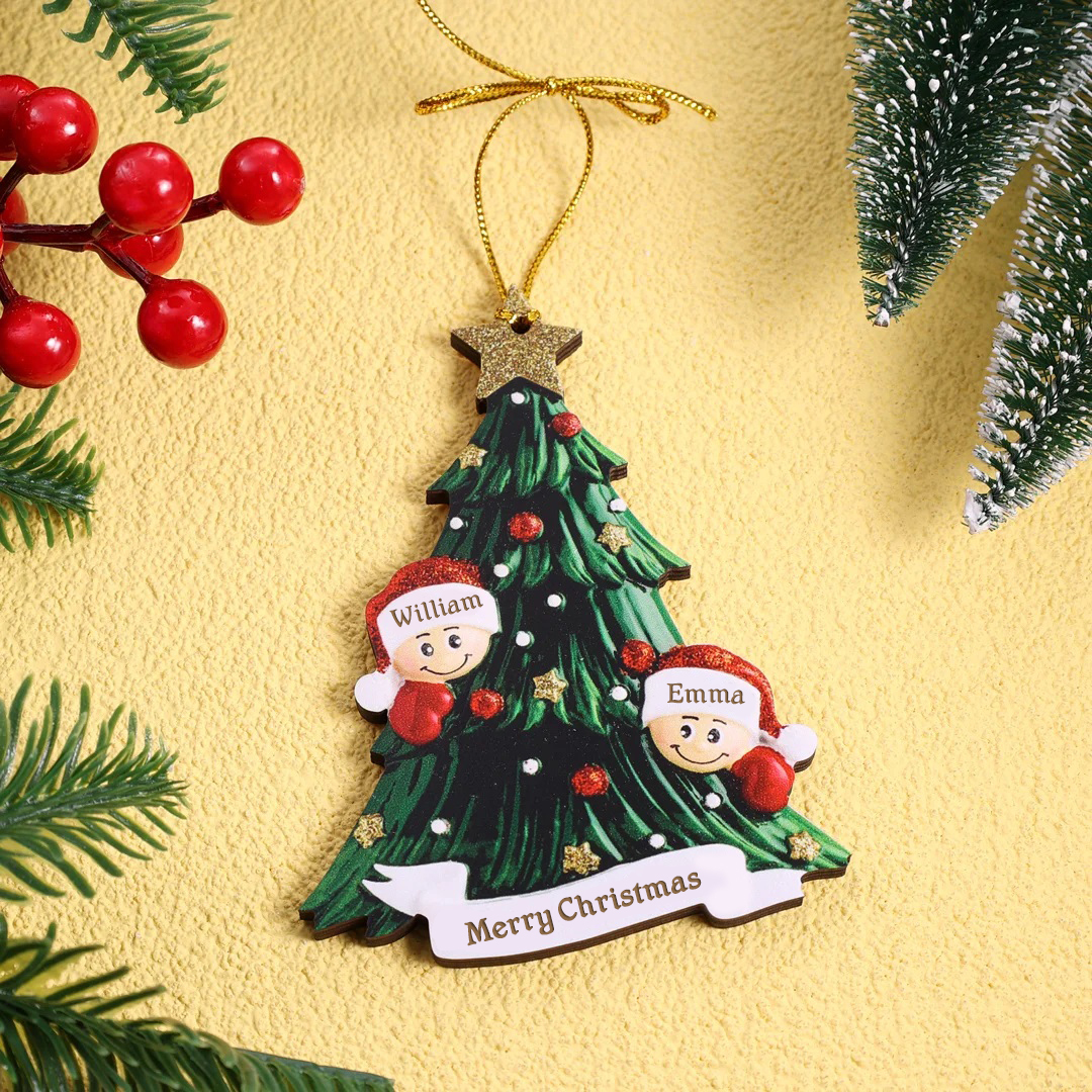 Holz Personalisiertes 2 Namen Text Weihnachtsornament Baum Anhänger mit 2 Familienmitgliedern