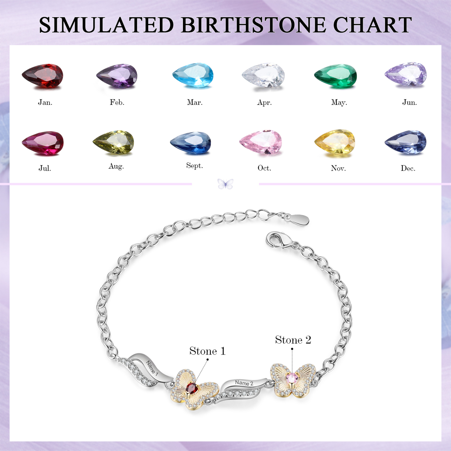 Personalisierte 2 Namen & 2 Geburtssteine Schmetterling Armband mit Zirkonia