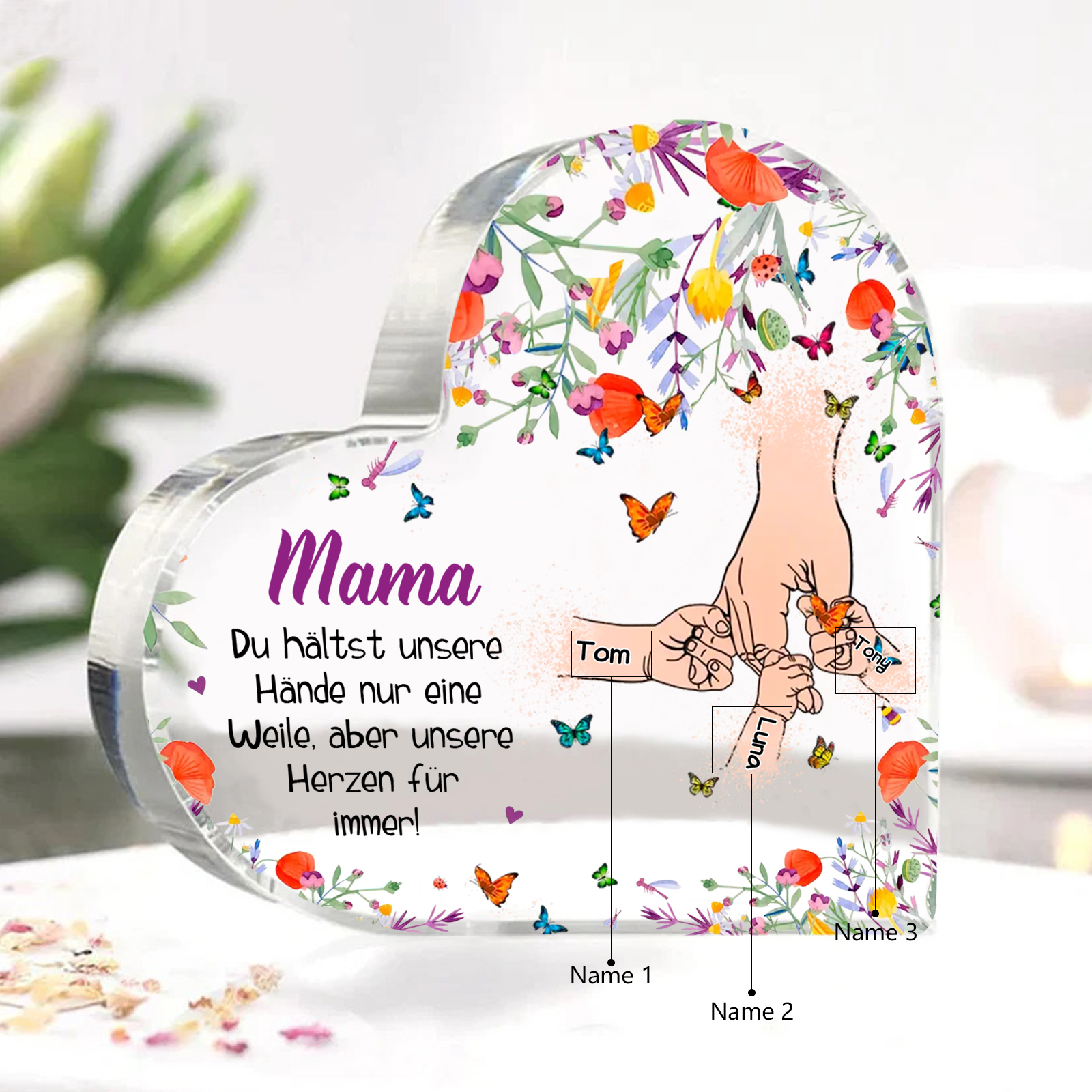 Personalisierte 3 Namen Herz Acryl-Deko -Mama Du hältst mein Hand nur eine Weile, aber unsere Herzen für immer- Schreibtischdekoration für Mutter