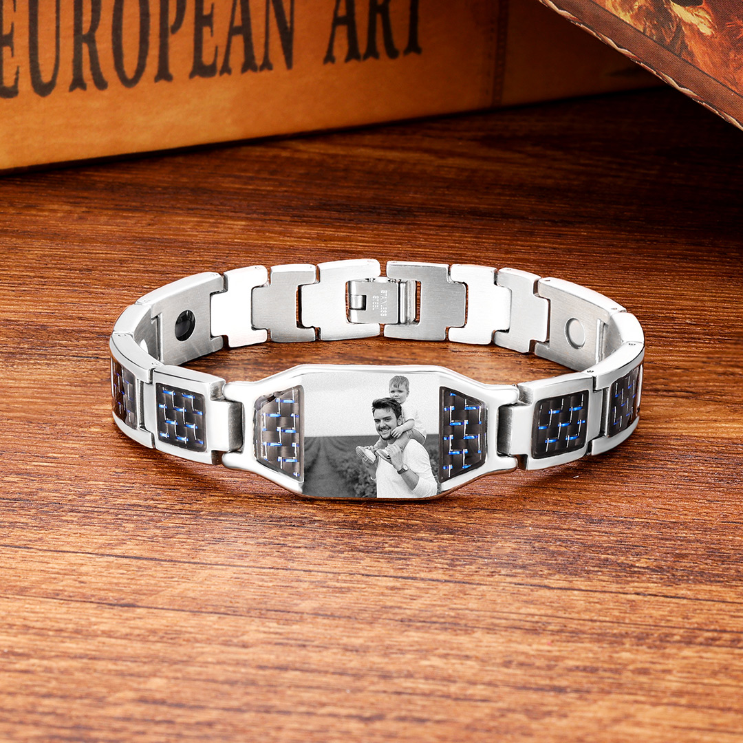 Herren Personalisierbarer Foto Magnetarmband Powerarmband mit 3 Magneten An meinen Mann Geschenk mit Nachrichtenkarte