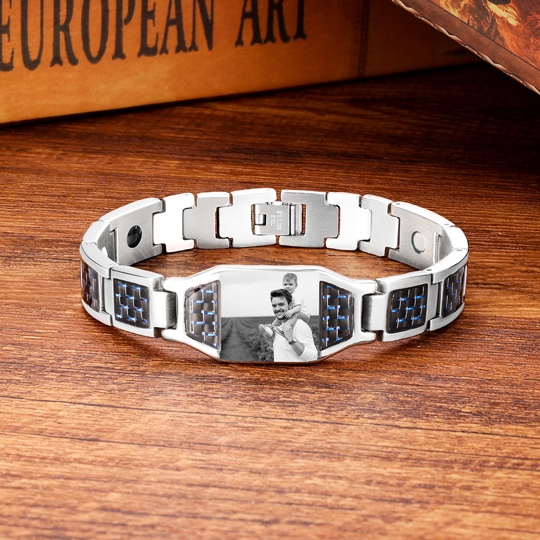 Herren Personalisierbarer Foto Magnetarmband Powerarmband mit 3 Magneten An meinen Mann Geschenk mit Nachrichtenkarte