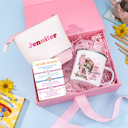 Schulanfang Geschenkset-Personalisierter Name & Datum Hase Emaille Tasse & Personalisierter Name Stifteetui & 3 Gummiband Armbänder Set - Geschenk für Schulkind mit Geschenk Box