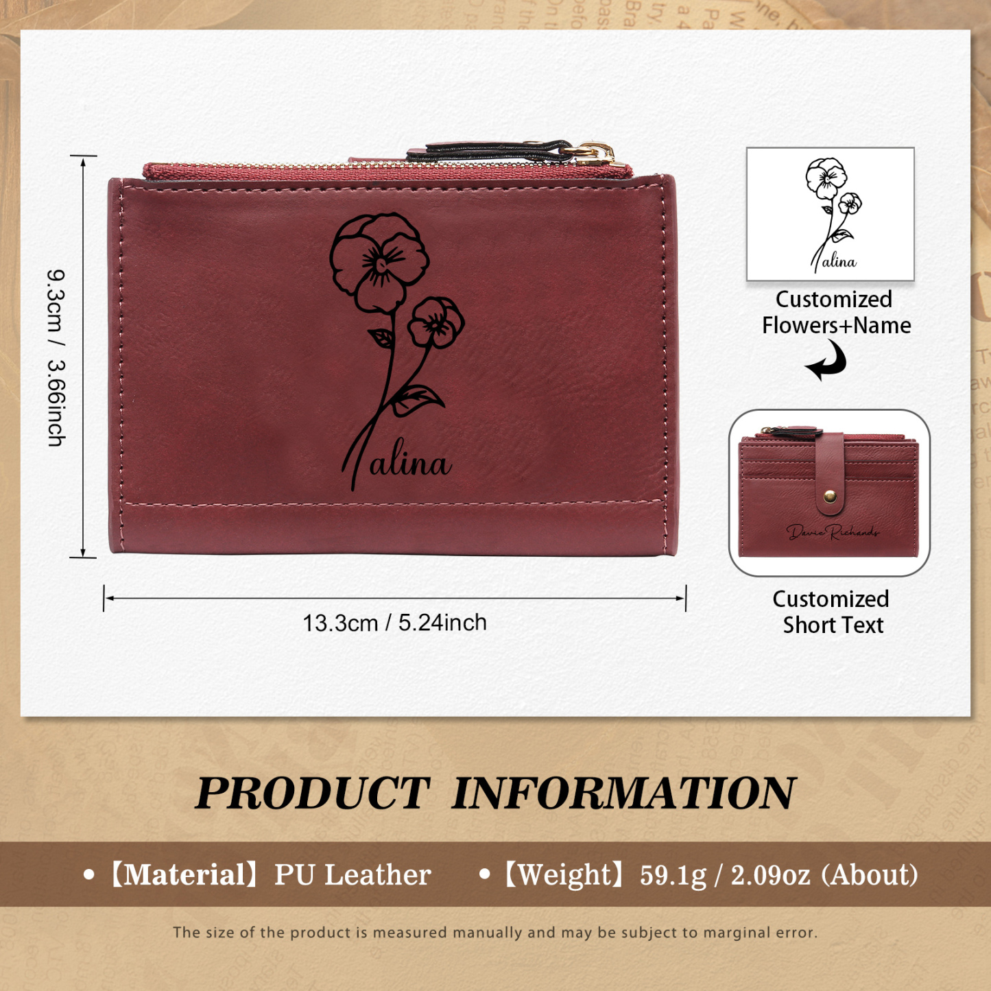 Damen Personalisierter Text & Name & Geburtsblume PU Leder Geldbörse