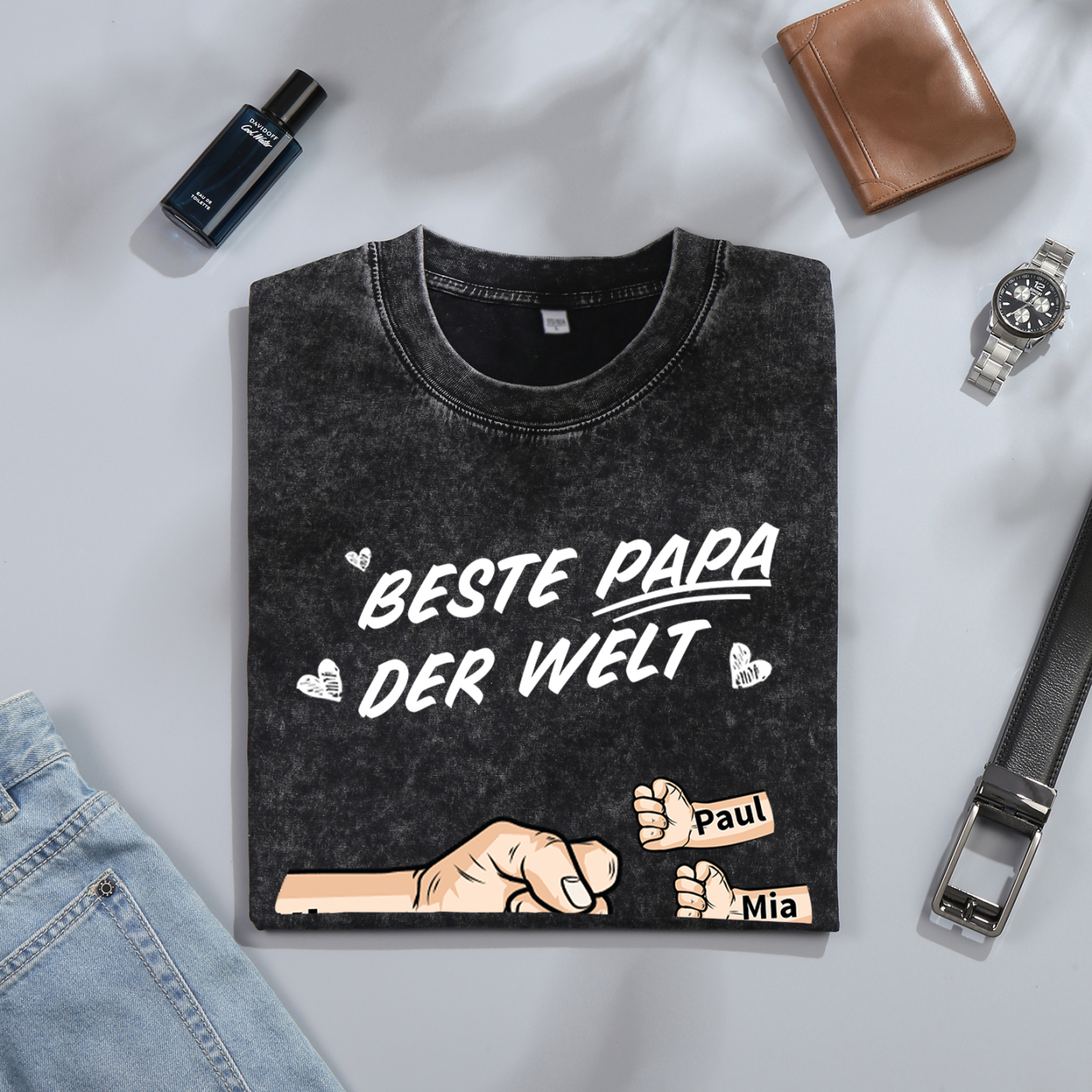 Personalisierte 1-6 Namen Fauststoß Bester Papa der Welt Herren Familie T-Shirt 