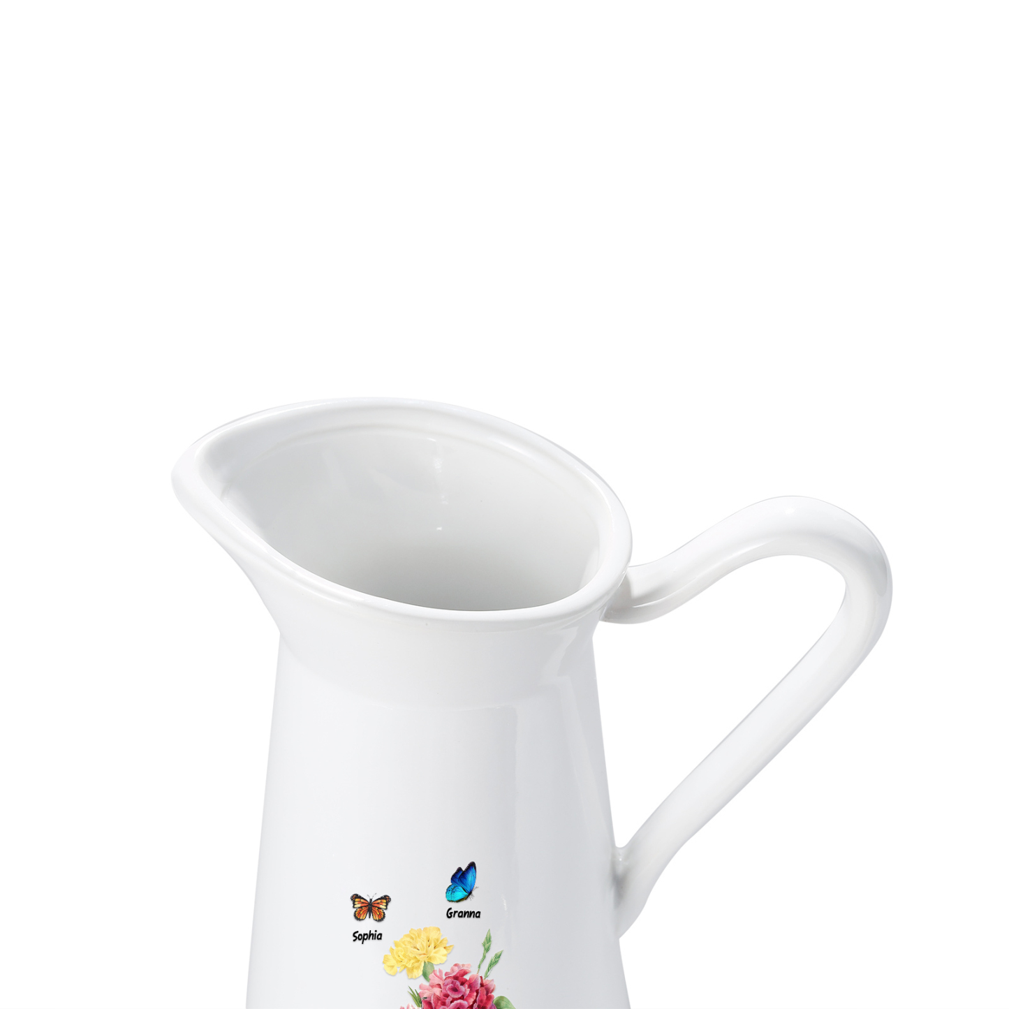 Personalisierte 2 Namen & Text Blumen & Schmetterling Gießvase mit Henkel Familie Vase