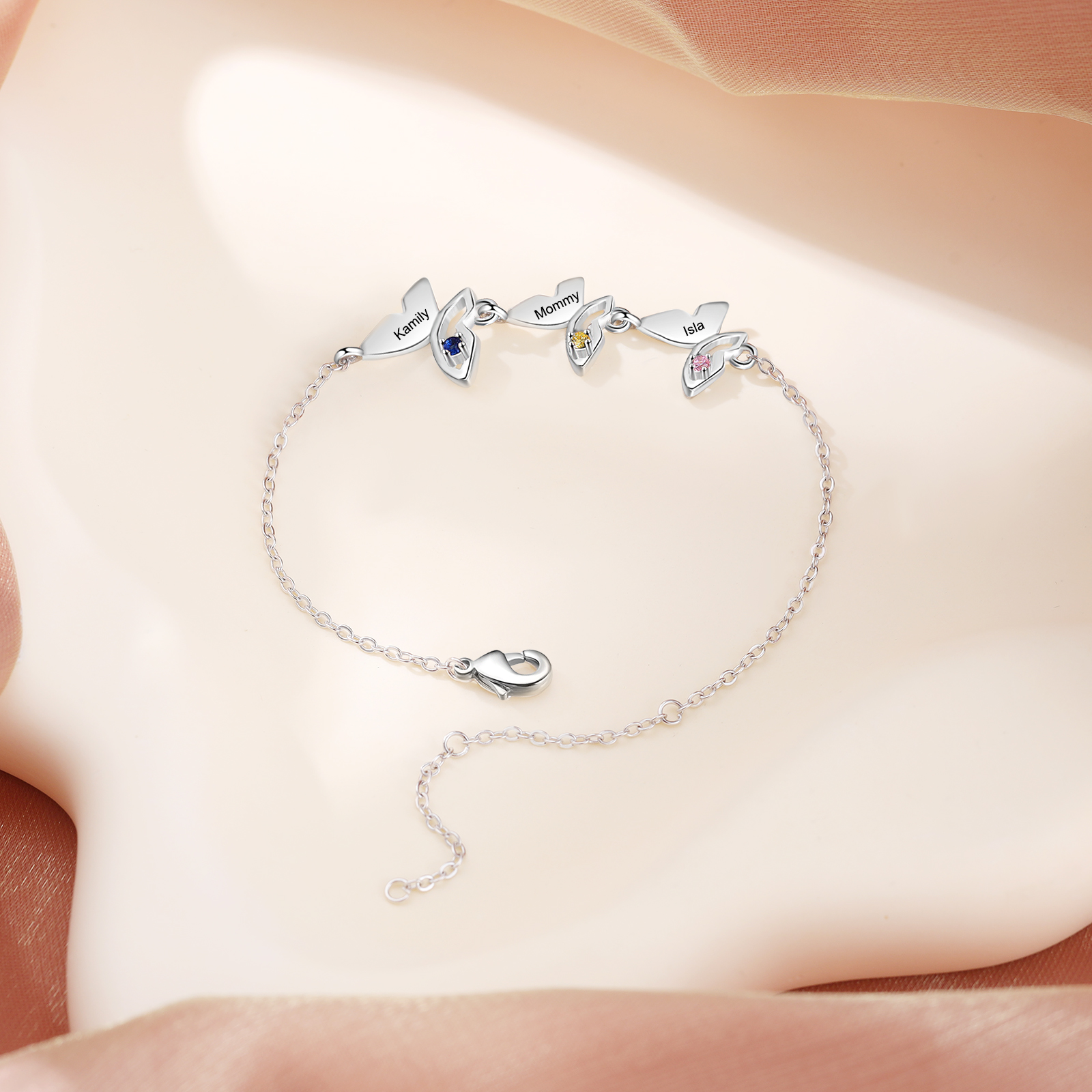Personalisiertes 3 Namen Schmetterling Armband mit Geburtsstein