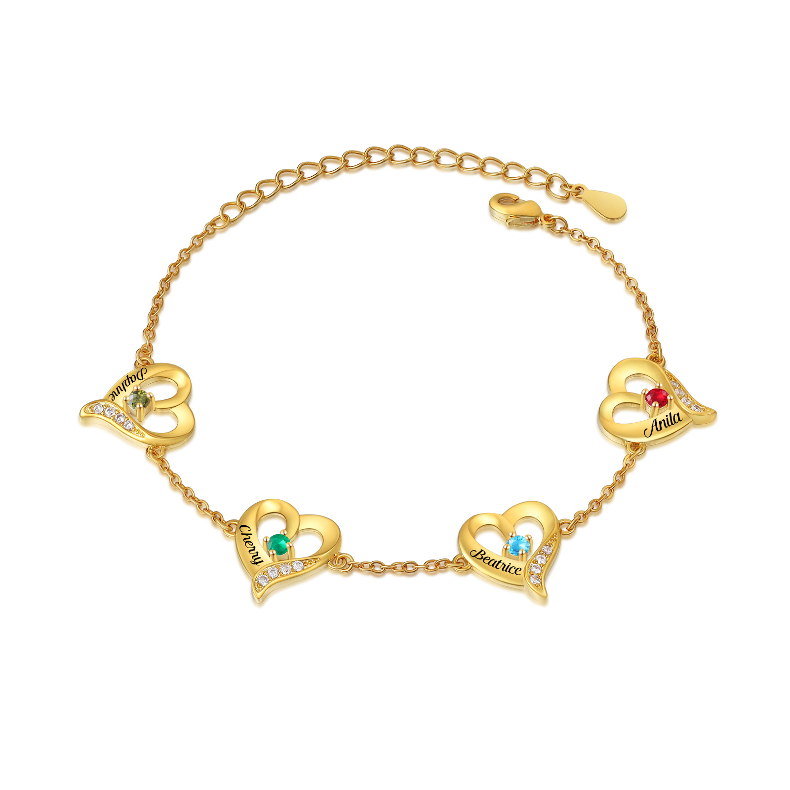 Personalisierte 4 Namen Herz Armband mit 4 Geburtssteinen